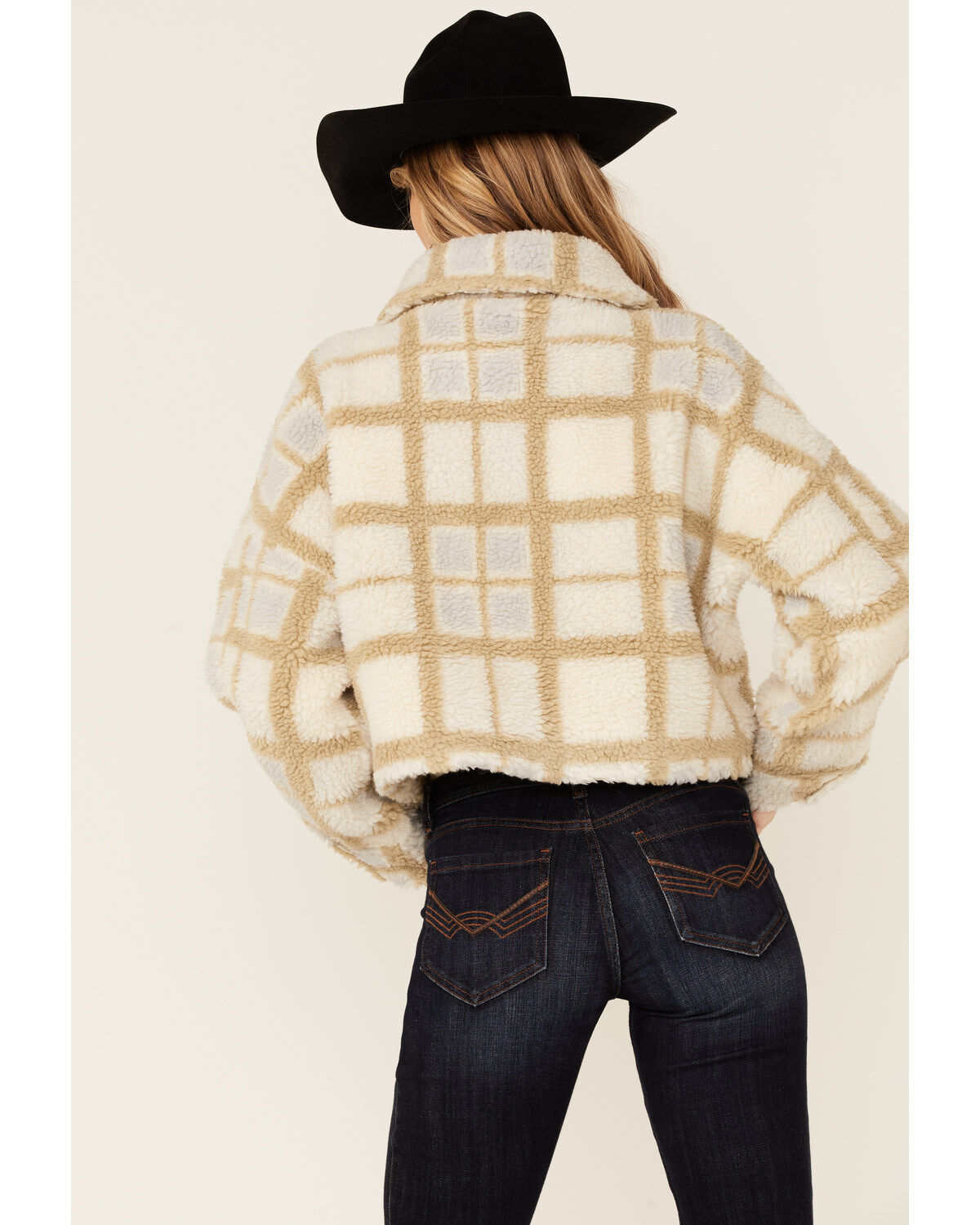 Vigoss Women's Ivory Grid Print Cropped Sherpa Jacket