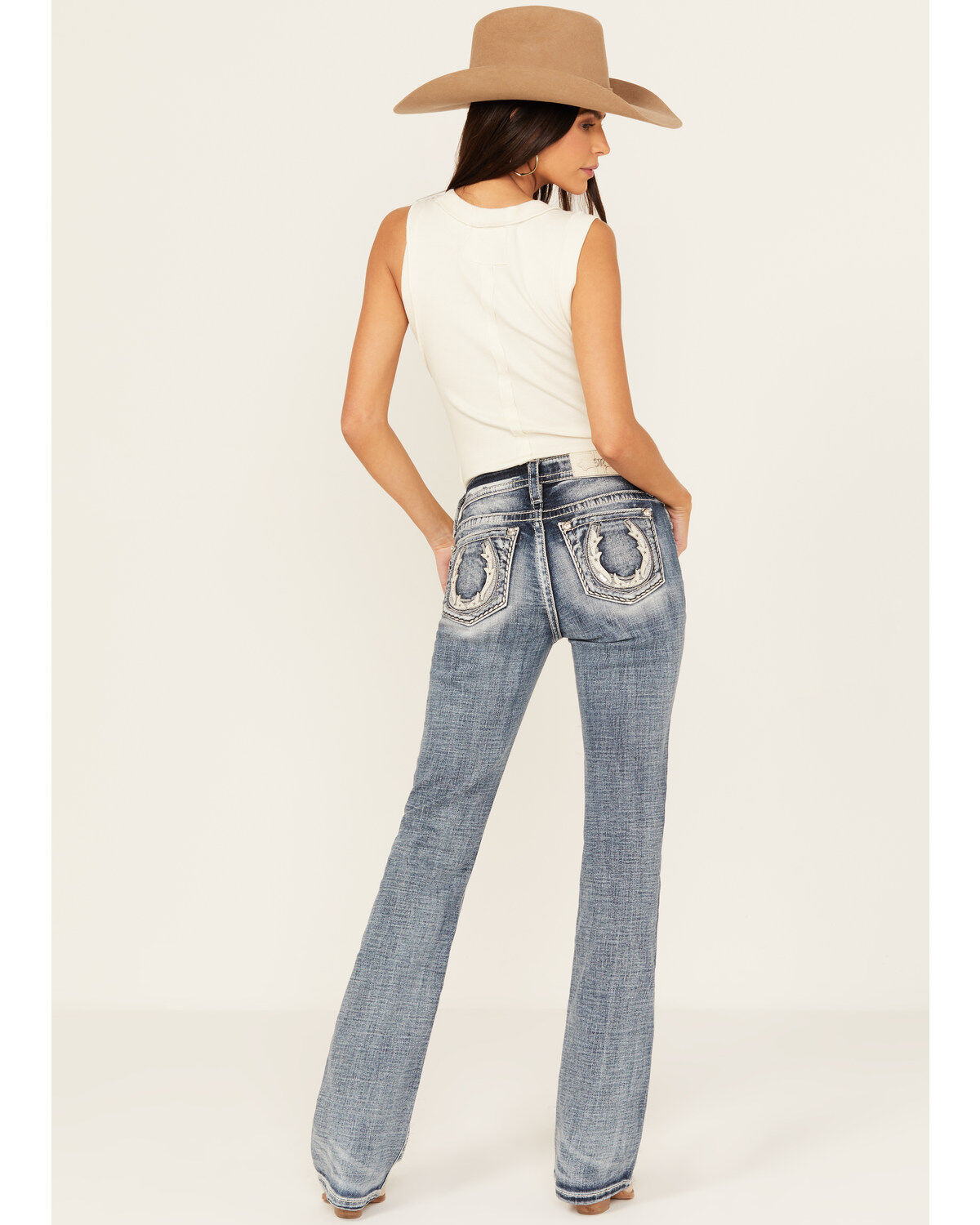 Miss Me Women's Medium Wash Mid Rise Horseshoe Bootcut Stretch Denim Jeans