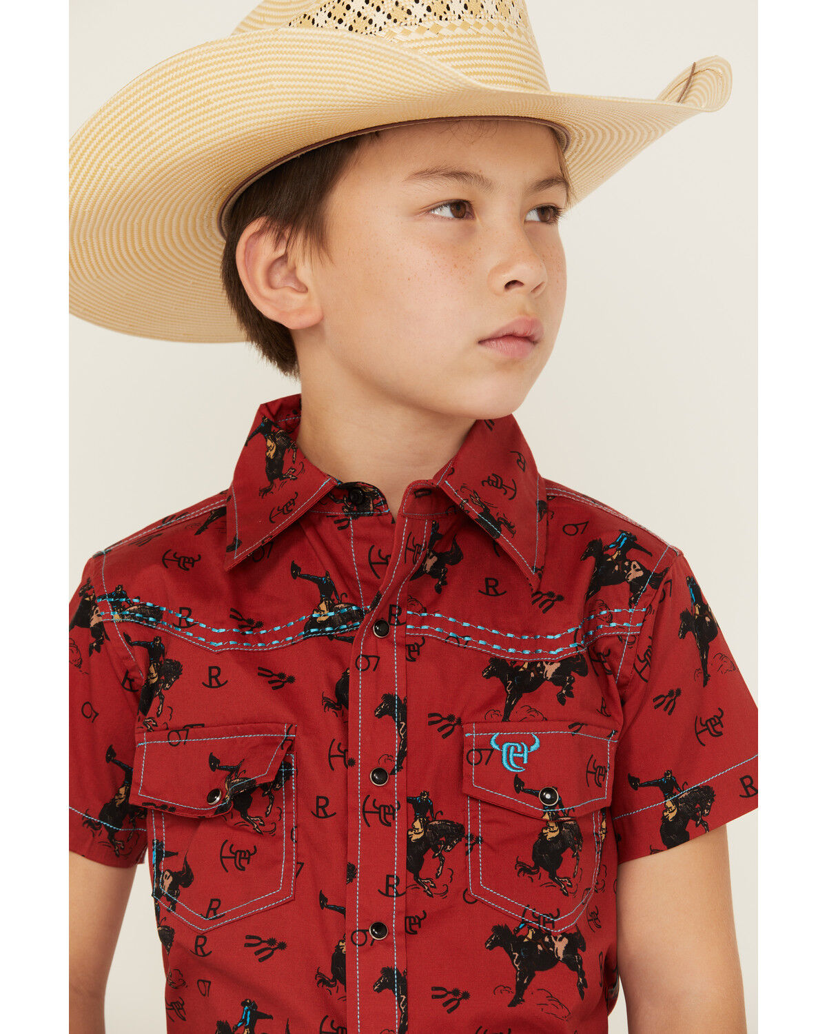 Cowboy Hardware Boys' Bronc Print Short Sleeve Snap Stretch Western Shirt