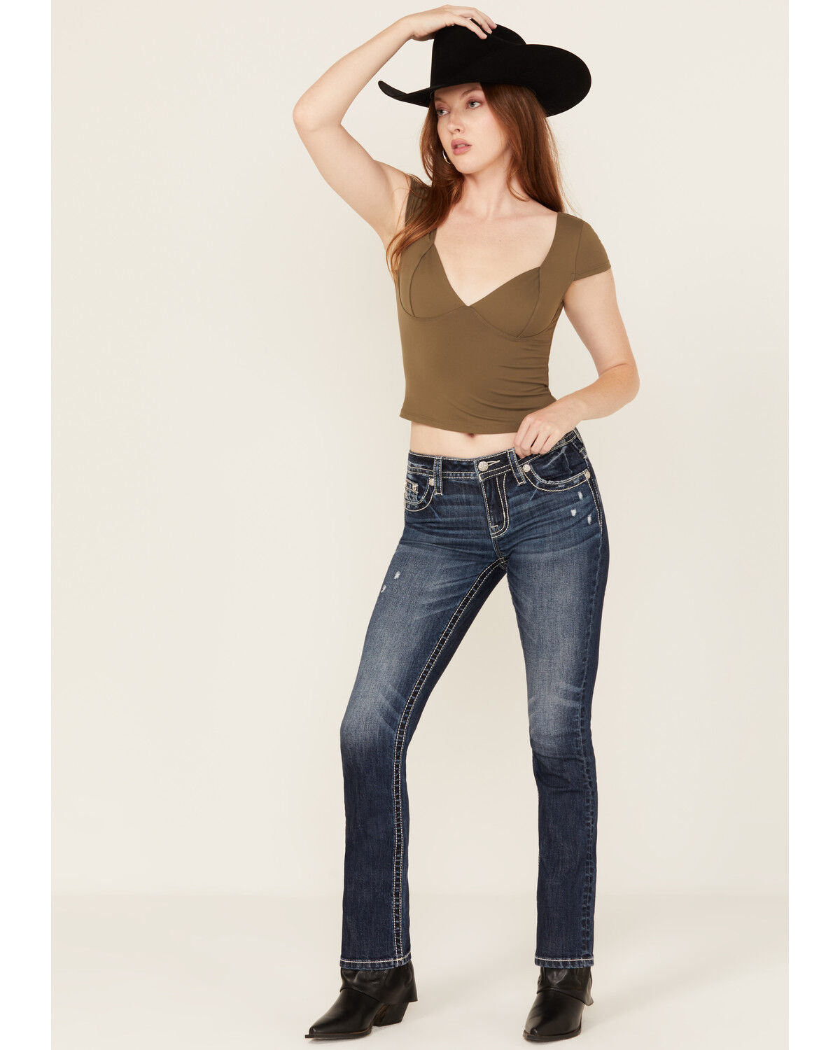 Miss Me Women's Dark Wash Snowflake Embroidered Slim Bootcut Stretch Denim Jeans