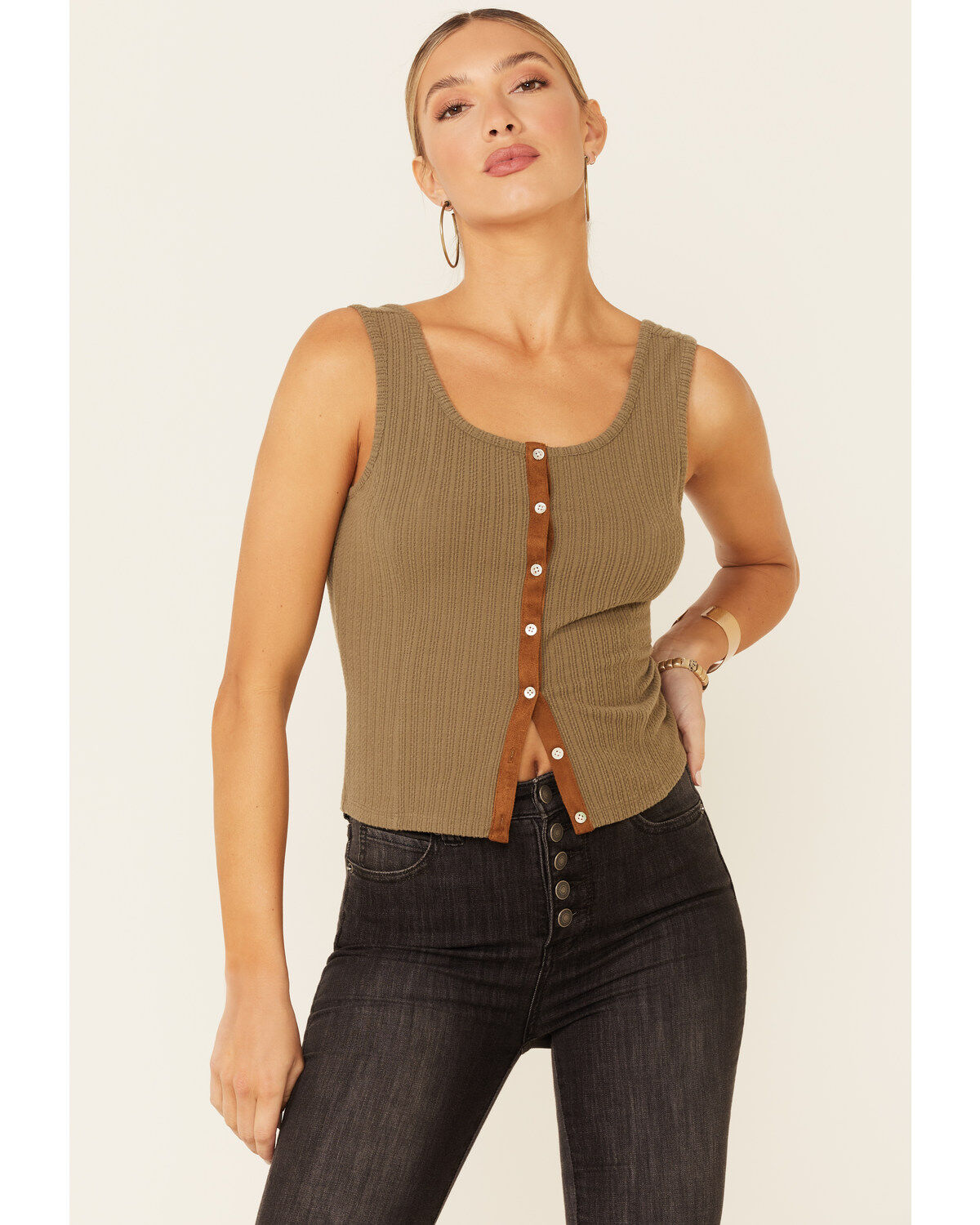 Shyanne Women's Ribbed Suede Placket Button-Down Tank Top
