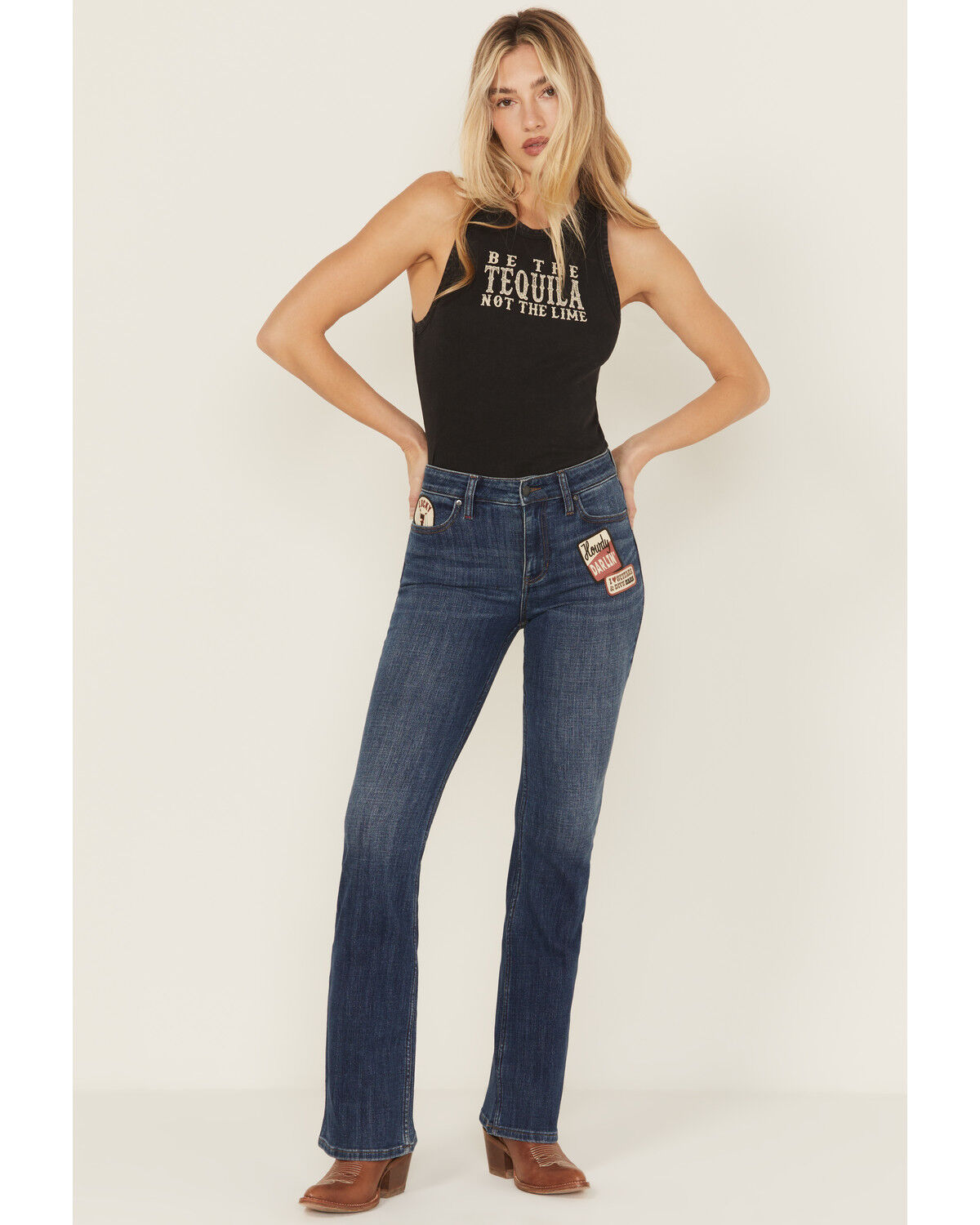Idyllwind Women's Ellwood Dark Wash High Rise Patch Bootcut Super Stretch Denim Jeans