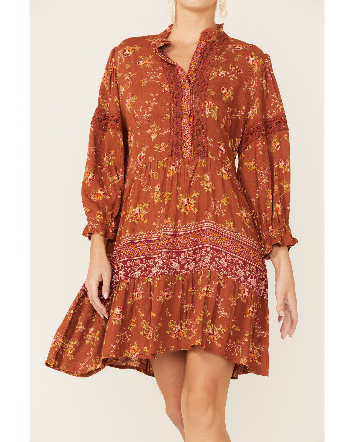 Angie Women's Floral Lace Trim Long Sleeve Mini Dress