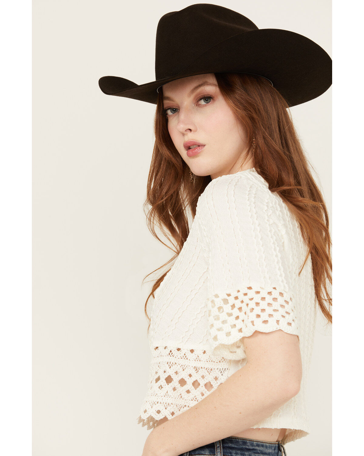 Miss Me Women's Crochet Hem Short Sleeve Blouse