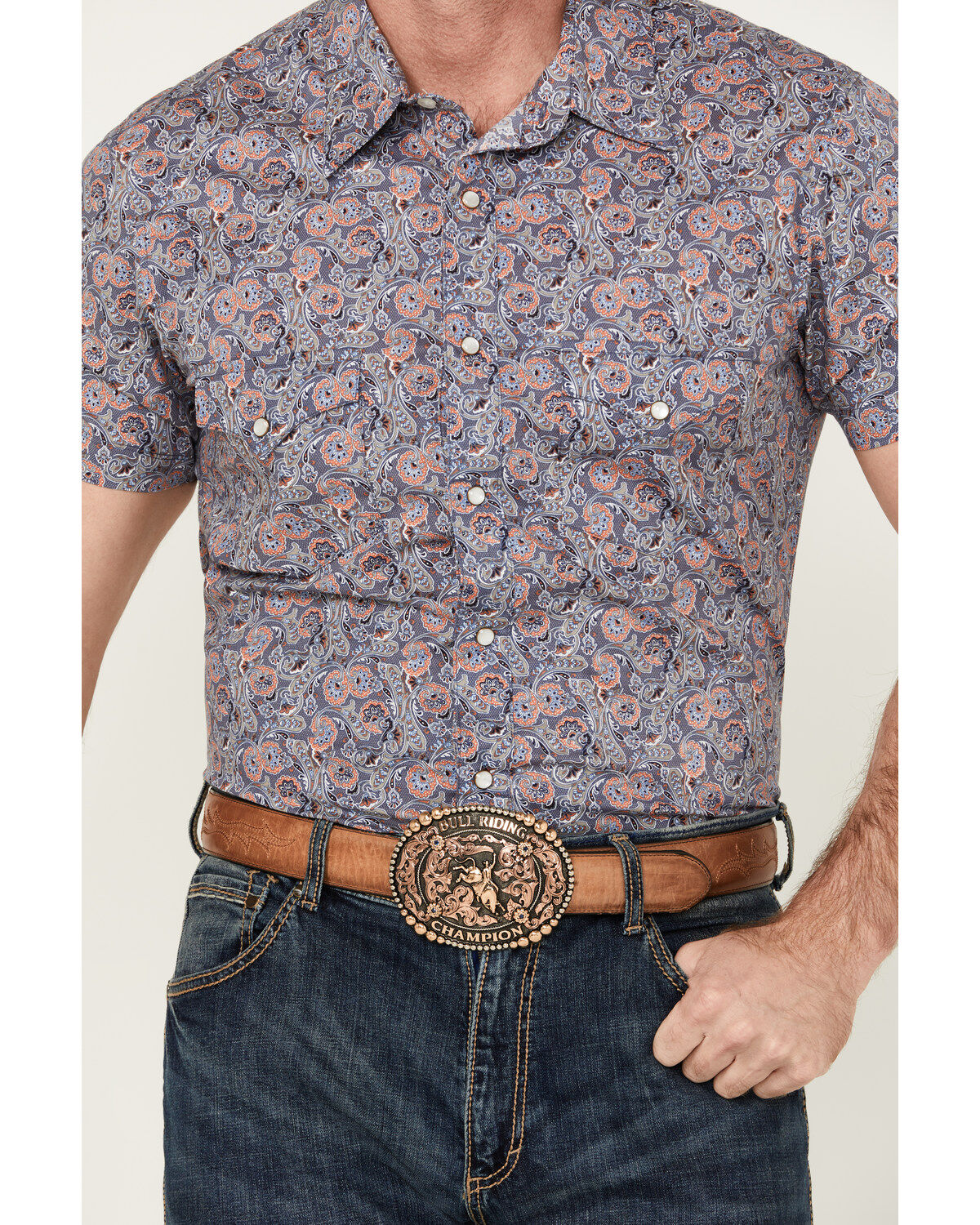 Rock & Roll Denim Men's Paisley Print Short Sleeve Pearl Snap Stretch Western Shirt