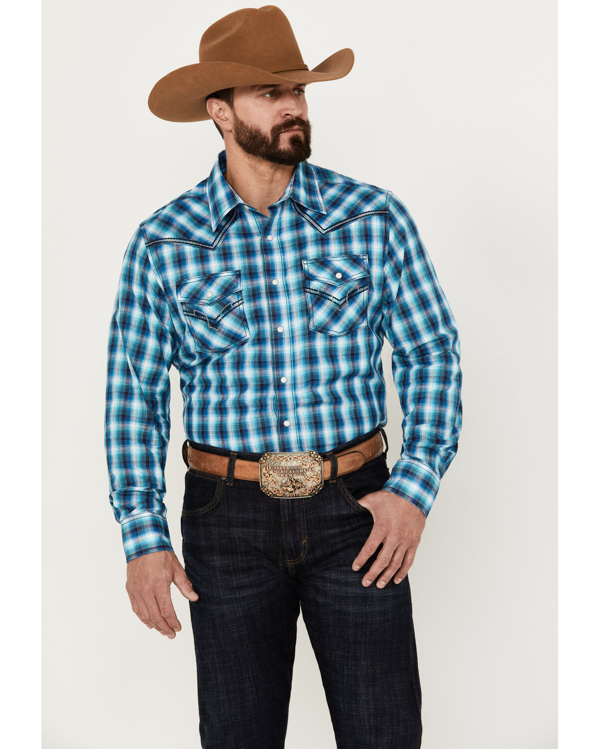 Rock 47 by Wrangler Men's Plaid Print Long Sleeve Western Snap Shirt
