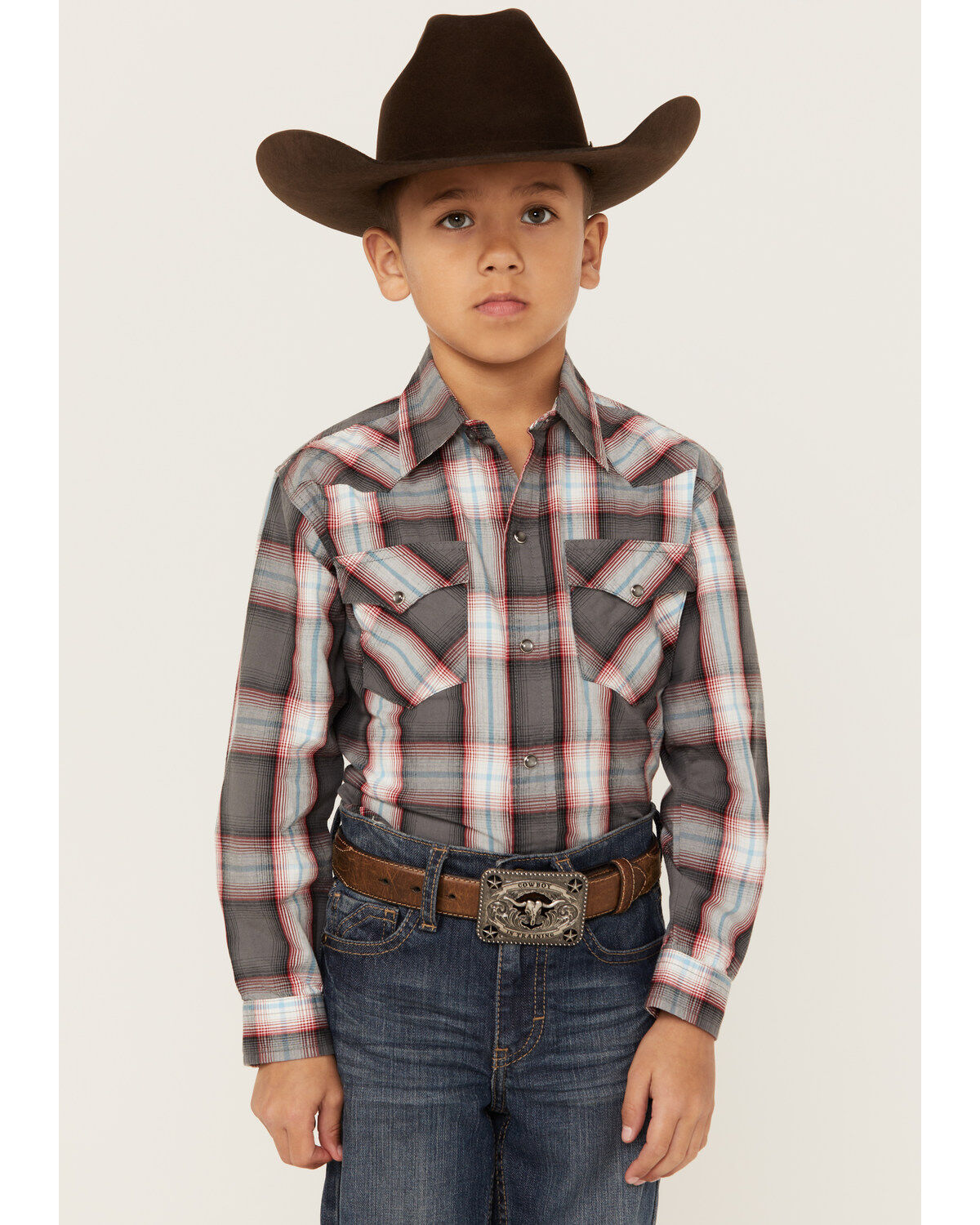 Roper Boys' Plaid Print Long Sleeve Western Pearl Snap Shirt