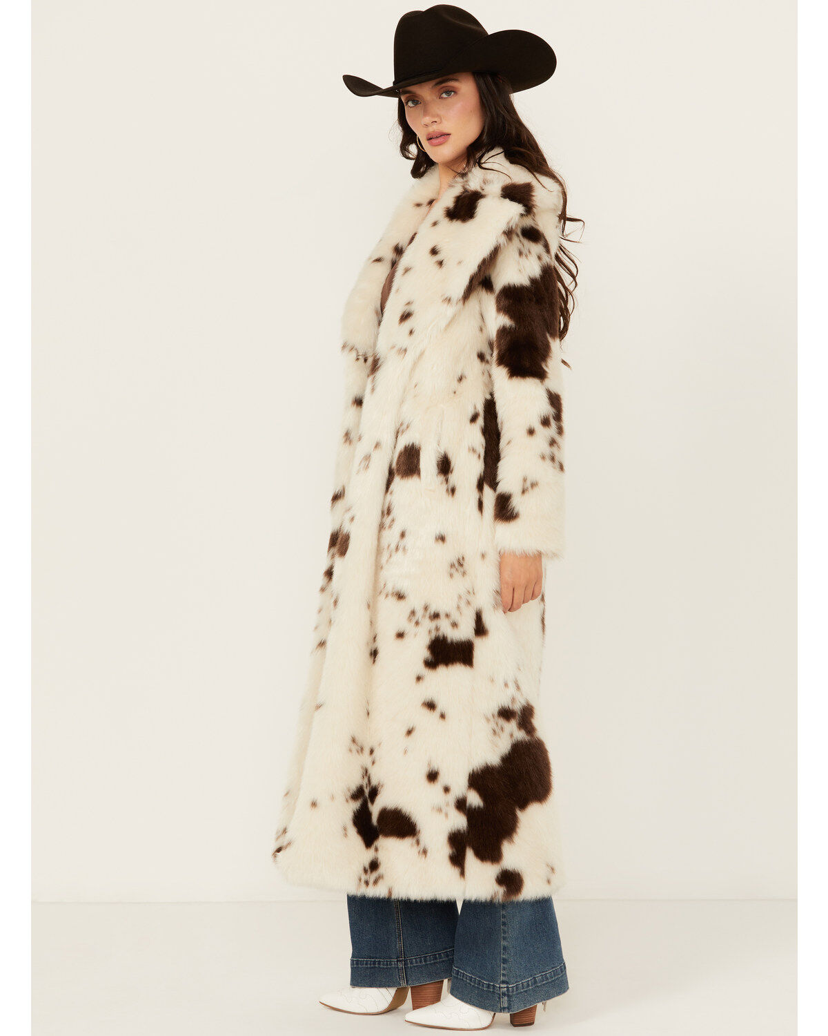 Powder River Outfitters Women's Cow Print Duster Faux Fur Coat