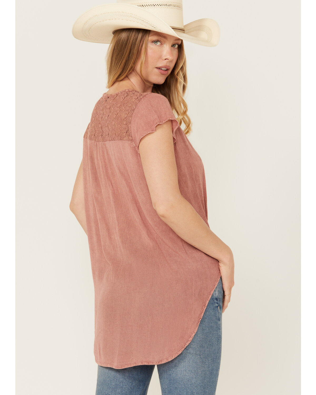 Nostalgia Women's Lace Trim Short Sleeve Tie Front Shirt