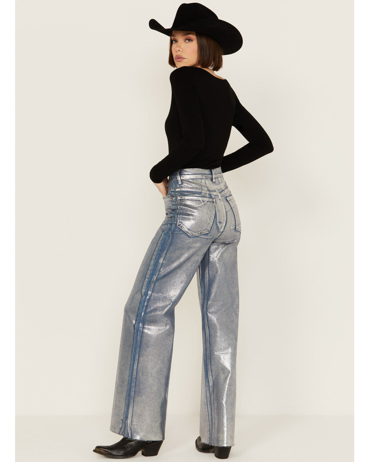 Vibrant Denim Women's Medium Wash Metallic Wide Leg Denim Jeans