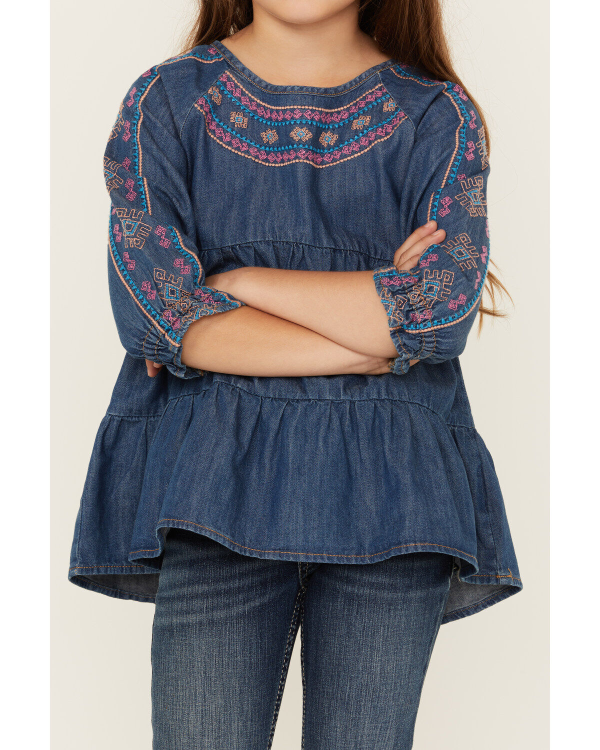 Wrangler Girls' Dark Wash Denim Embroidered Tunic Shirt