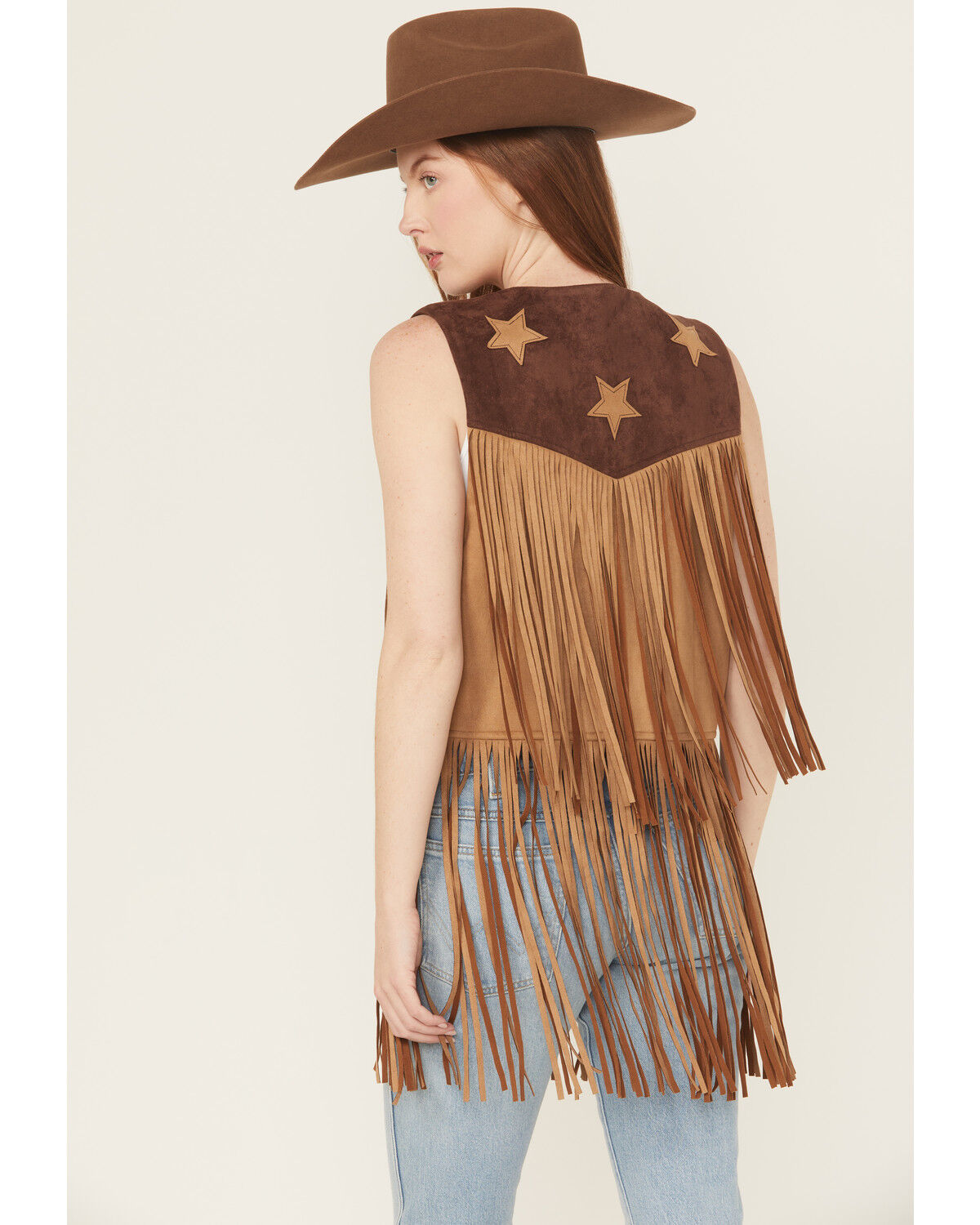 Saints & Hearts Women's Faux Suede Star Tiered Fringe Vest