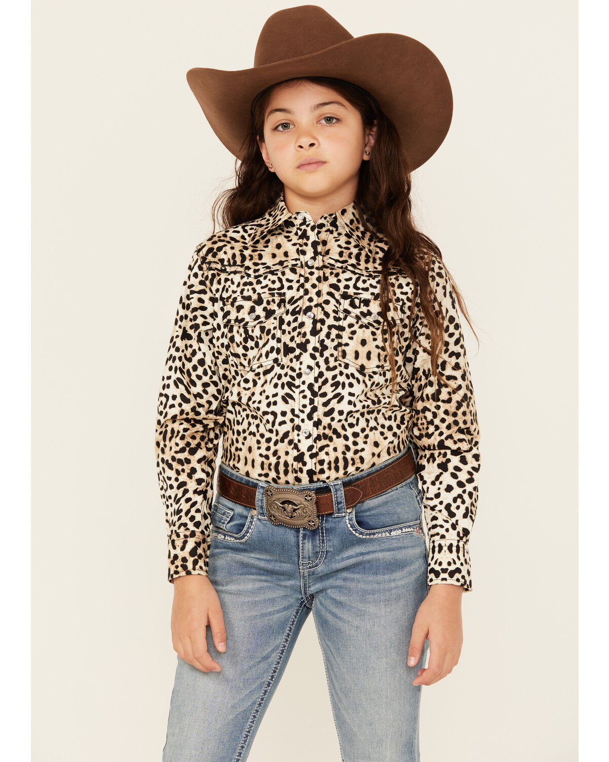 Cowgirl Hardware Girls' Leopard Print Long Sleeve Snap Western Shirt