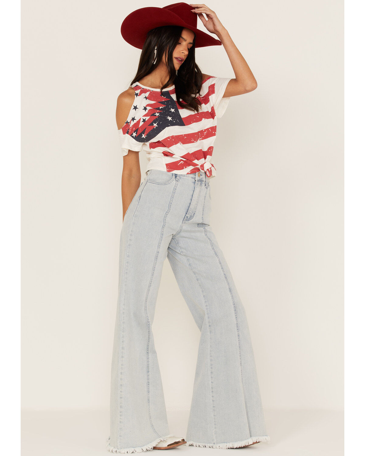 Shyanne Women's Americana Southwestern Flag Cold Shoulder Graphic Tee
