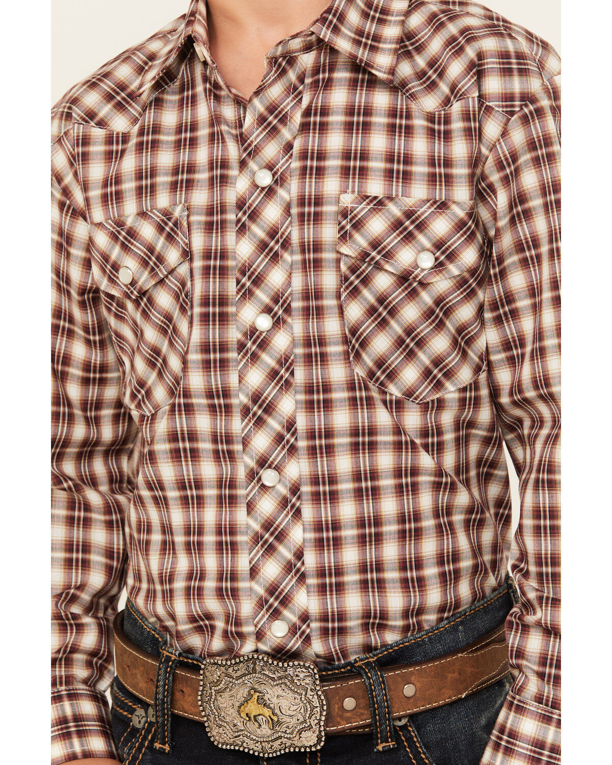 Roper Boys' Plaid Print Cowboy Embroidery Long Sleeve Pearl Snap Western Shirt