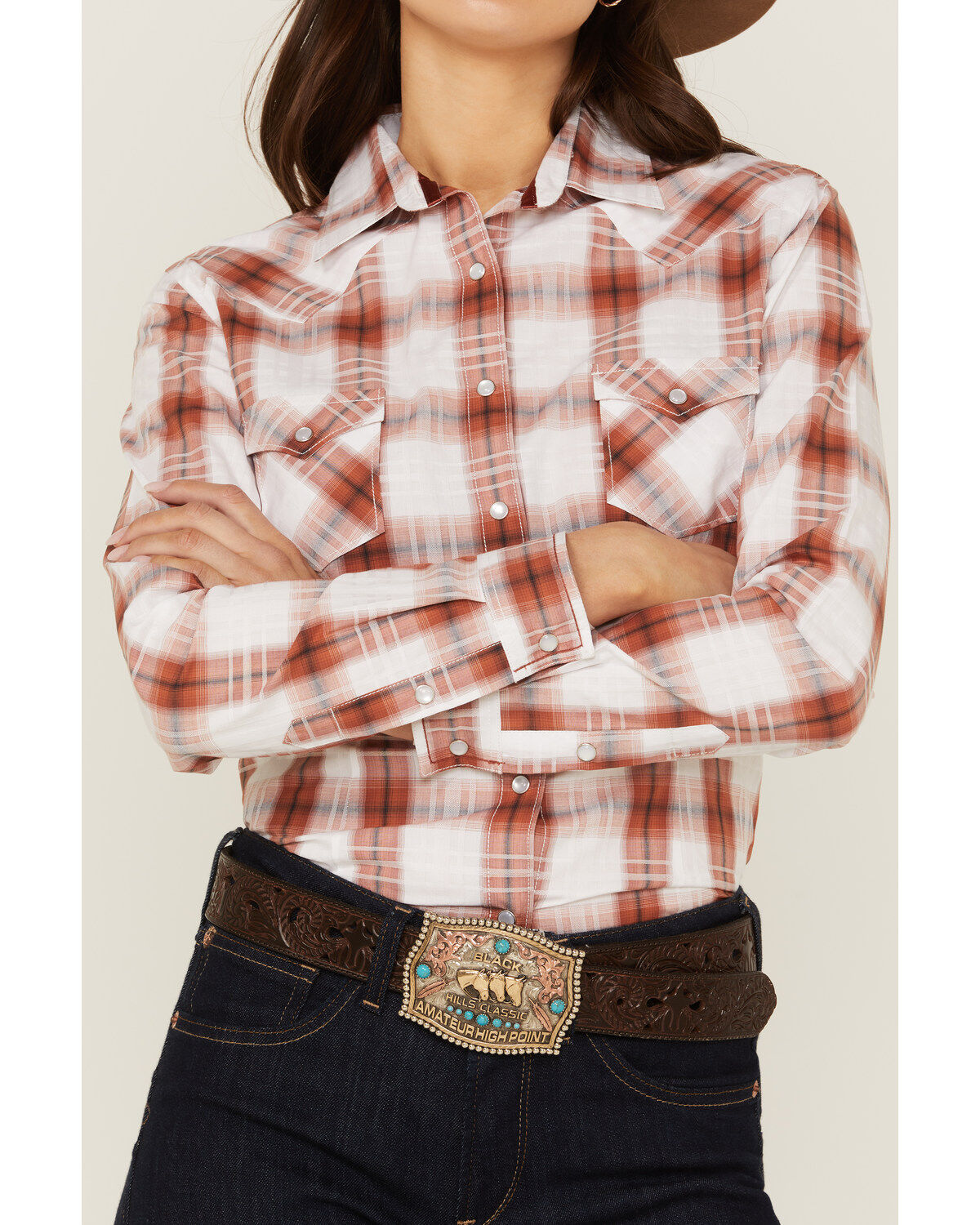 Rough Stock By Panhandle Women's Dobby Plaid Print Long Sleeve Western Pearl Snap Shirt