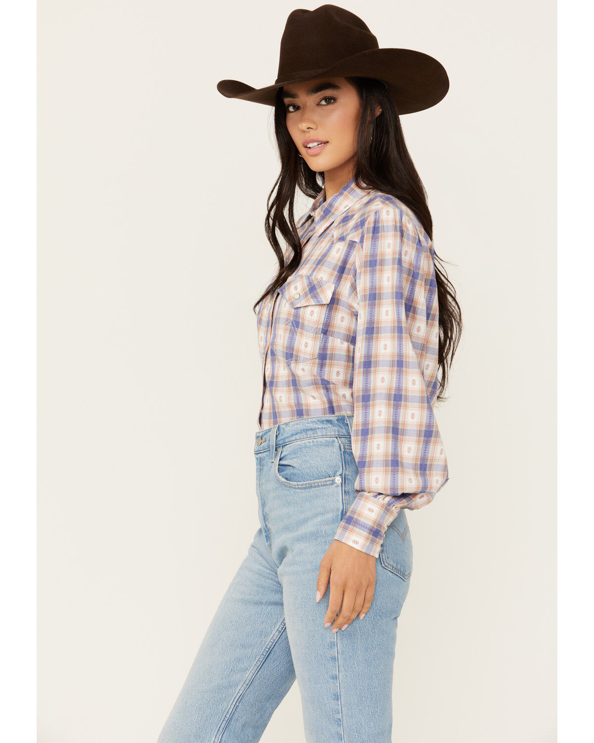 Wrangler Women's Balloon Sleeve Plaid Print Snap Western Shirt