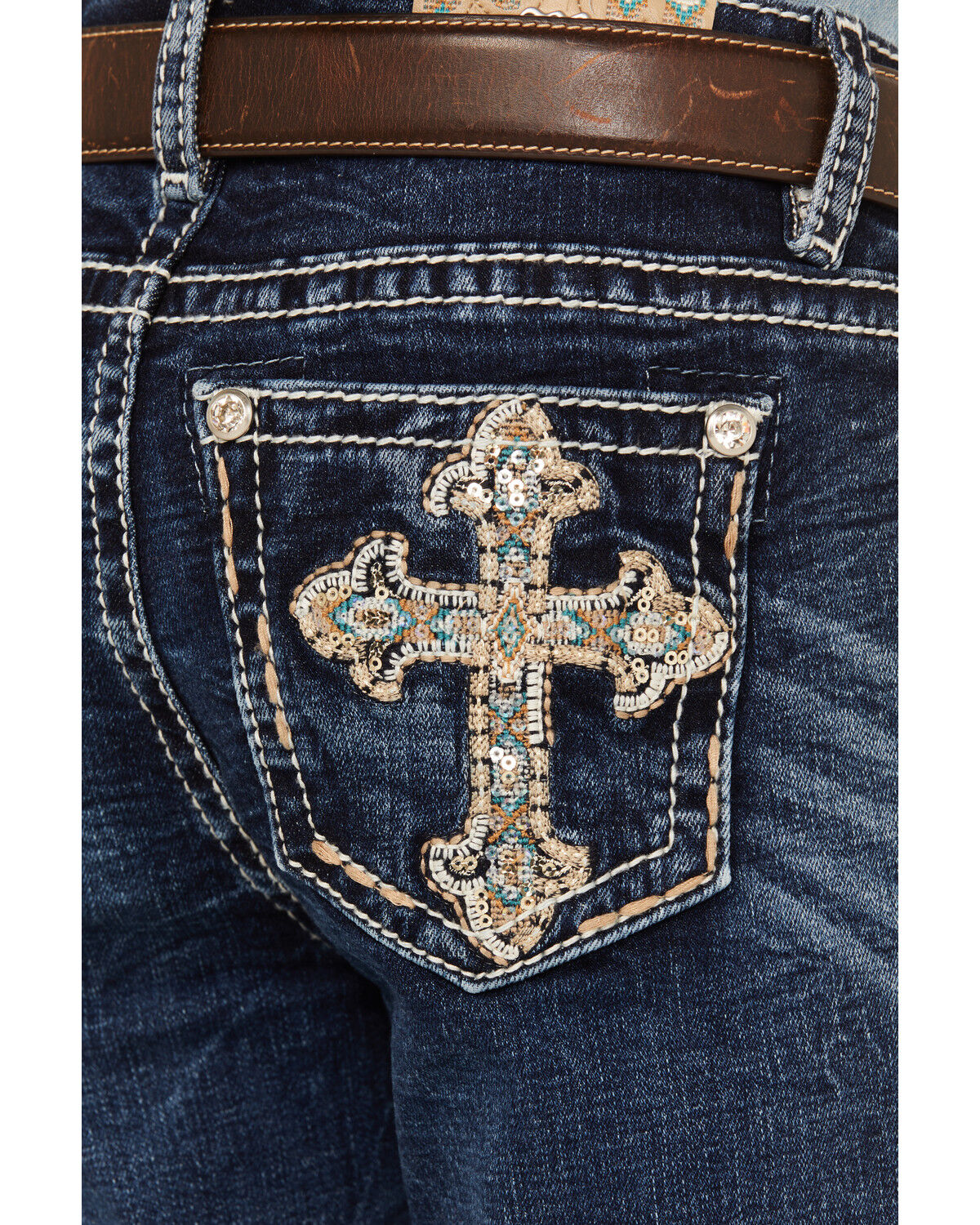 Miss Me Girls' Medium Wash Cross Embroidered Stretch Bootcut Jeans