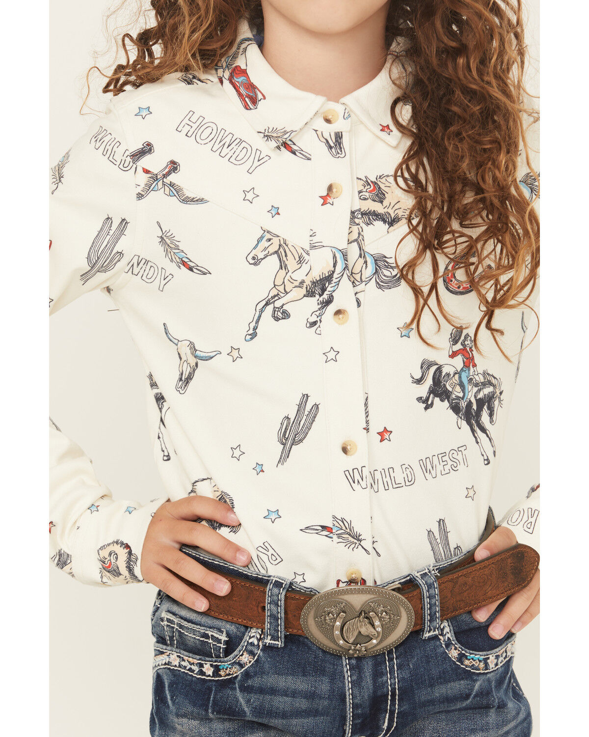 Shyanne Girls' Conversation Print Long Sleeve Button-Down Faux Suede Western Shirt
