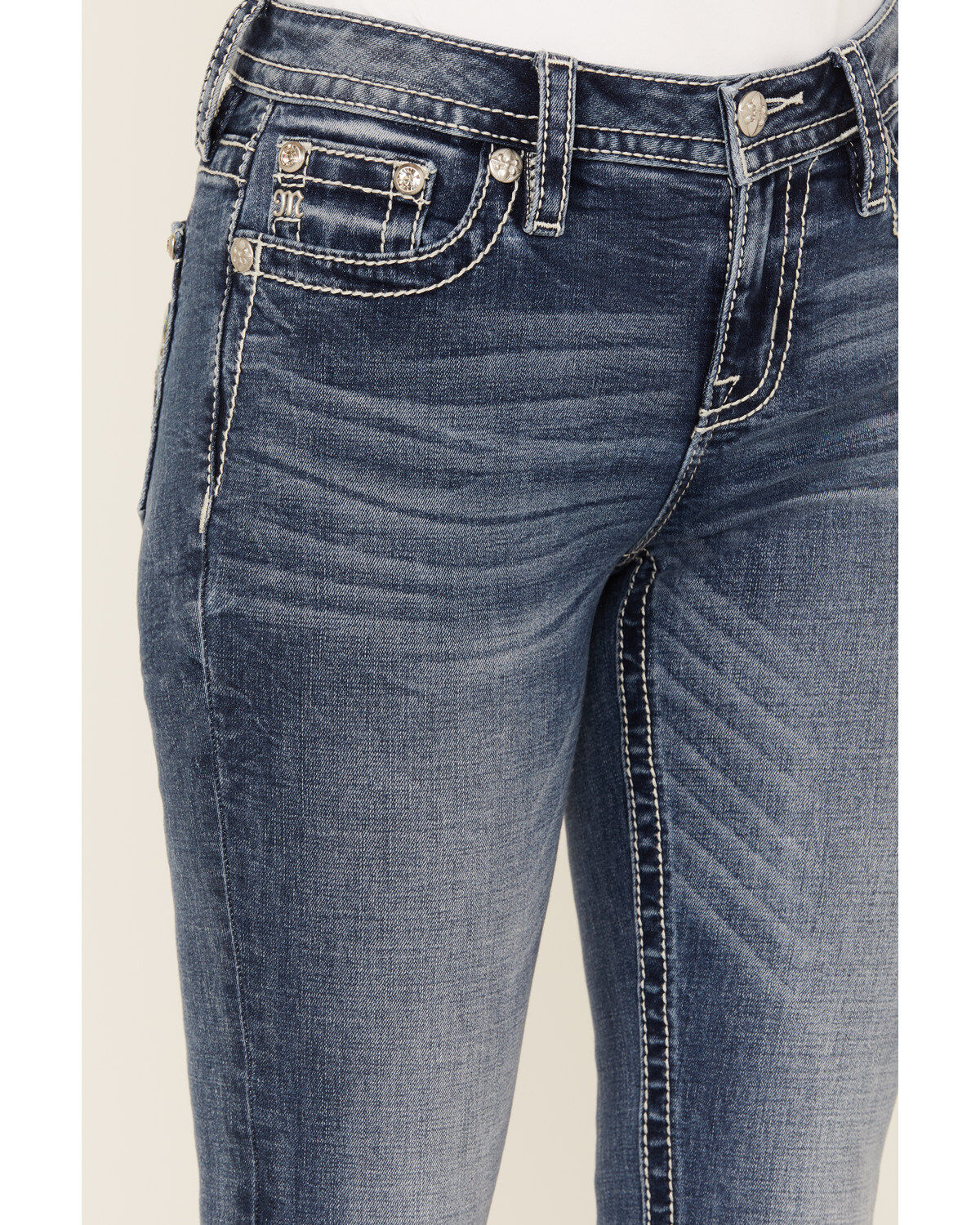 Miss Me Women's Dark Wash Mid Rise Dreamcatcher Pocket Bootcut Stretch Denim Jeans
