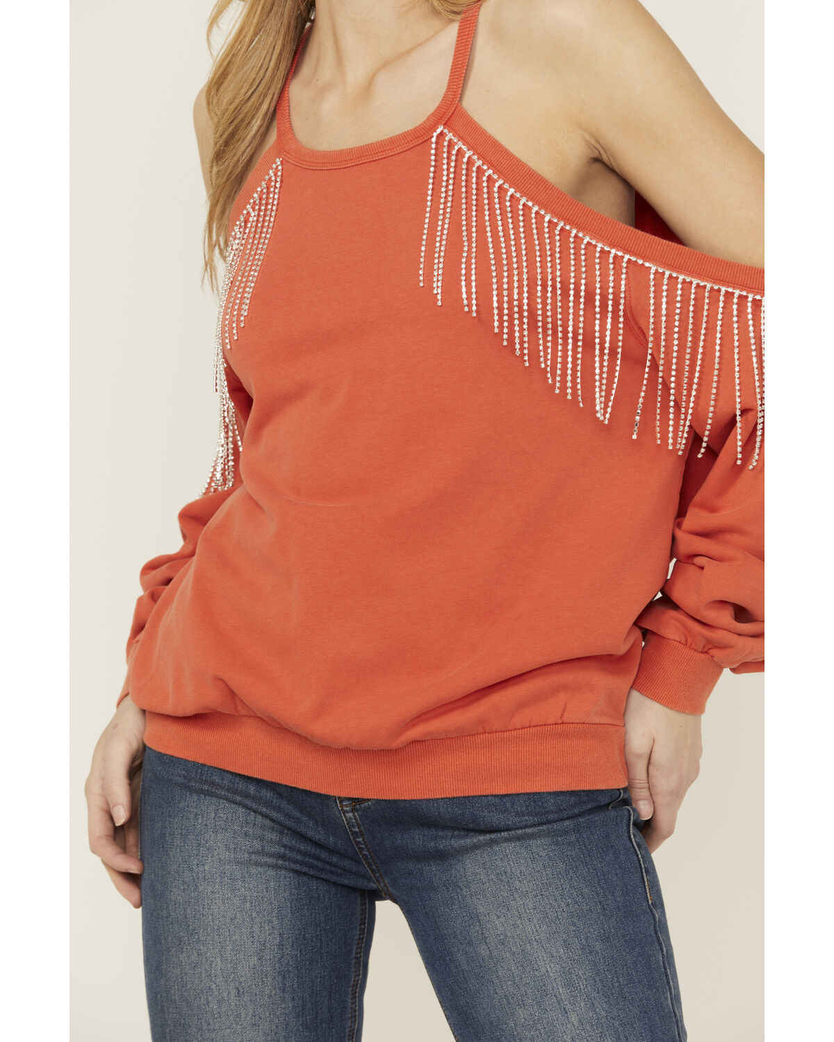 Blue B Women's Rhinestone Fringe Cold Shoulder Sweatshirt