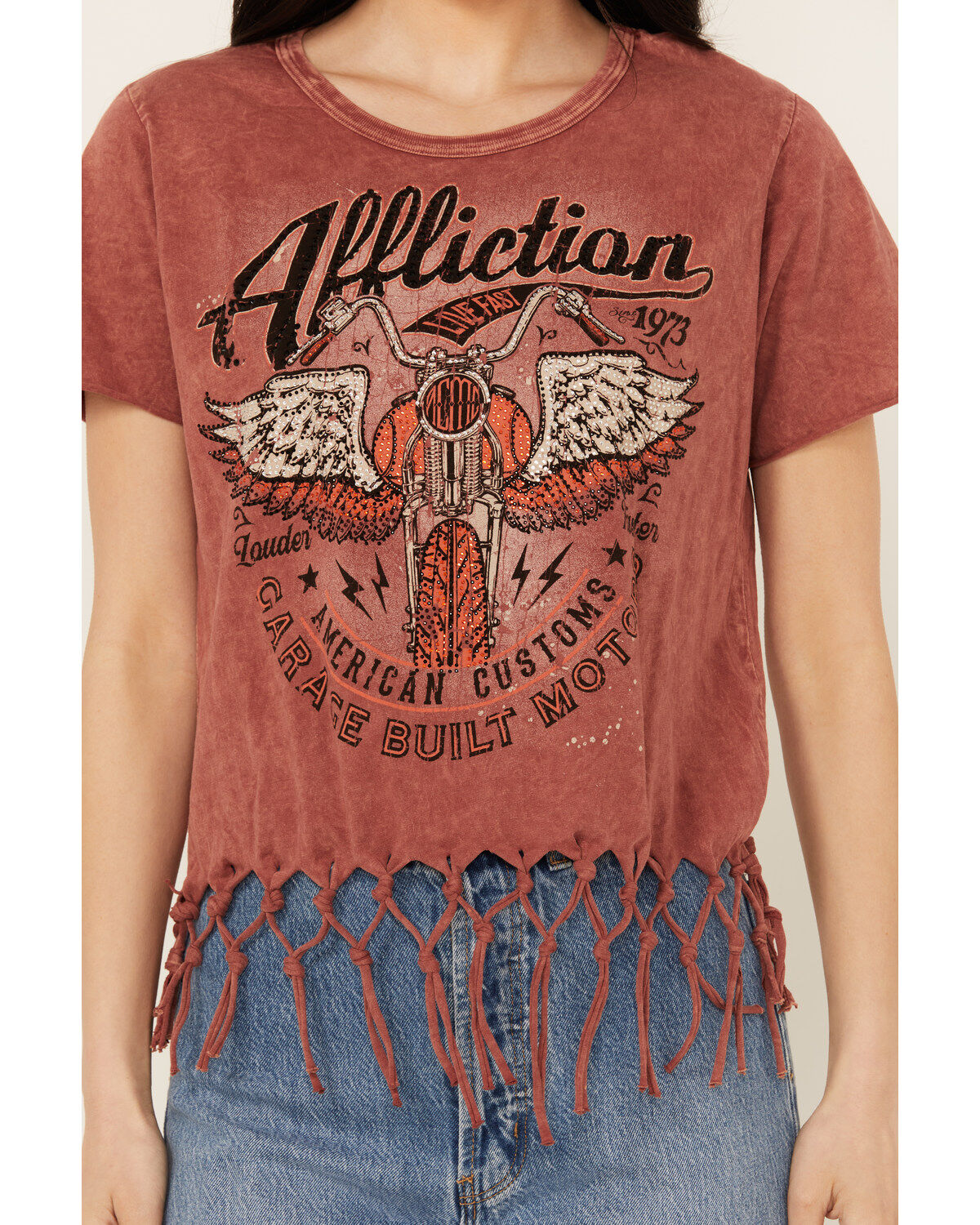 Affliction Women's Moto Fringe Short Sleeve Graphic Tee
