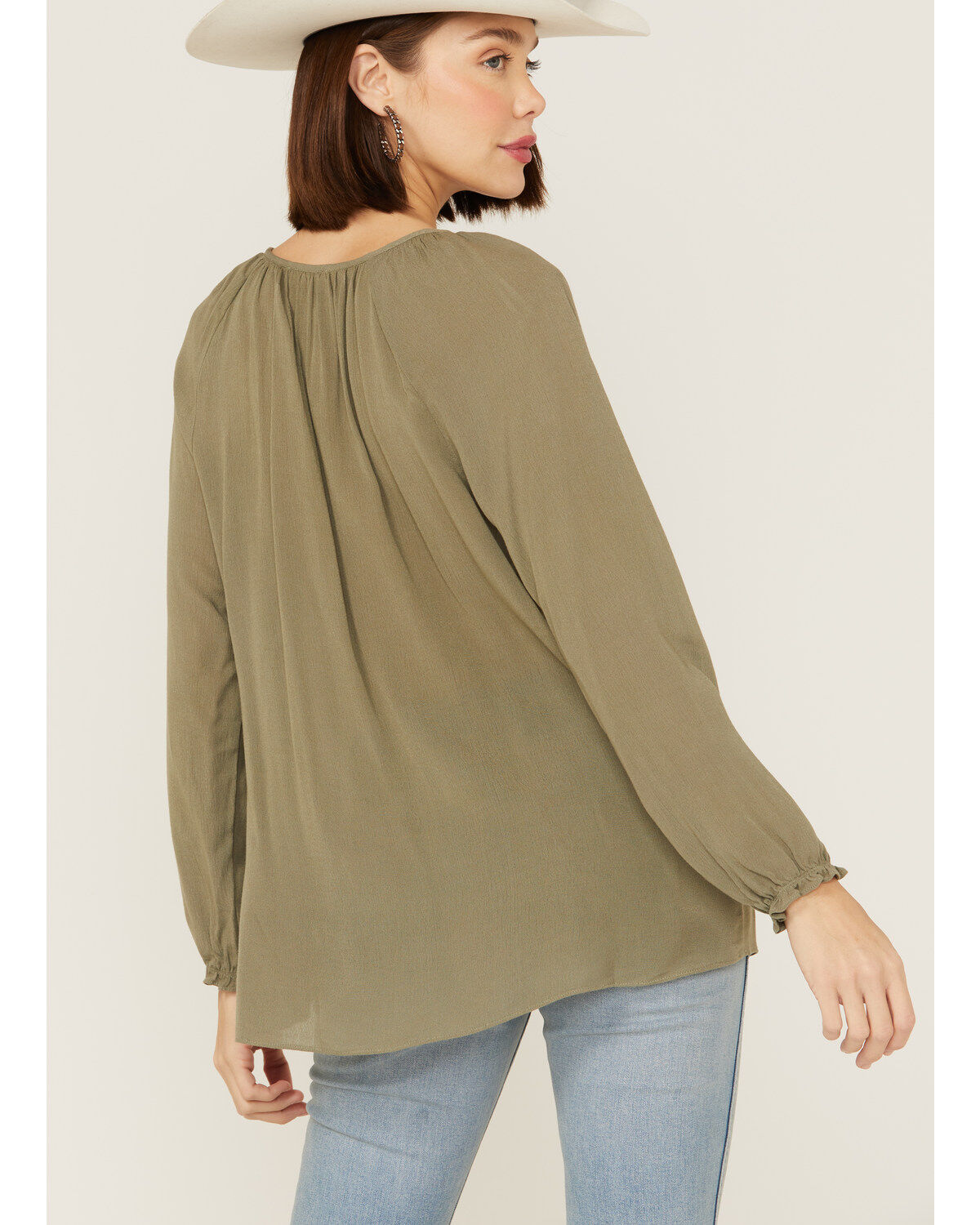 Miss Me Women's Olive Embroidered Southwestern Tassel Top