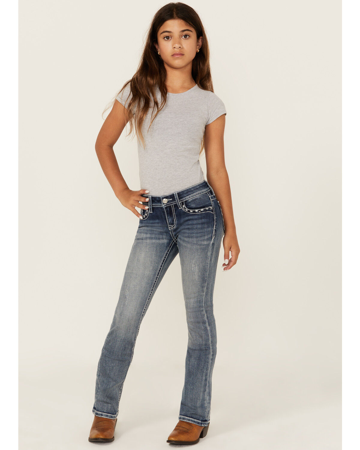 Grace in LA Girls' Medium Wash Butterfly Pocket Bootcut Stretch Denim Jeans