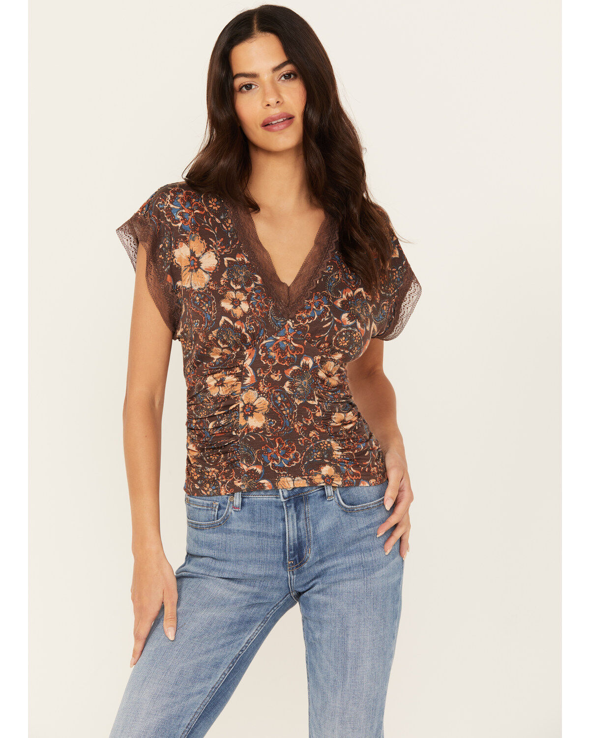 Idyllwind Women's Rose Floral Lace Trim Jersey Top