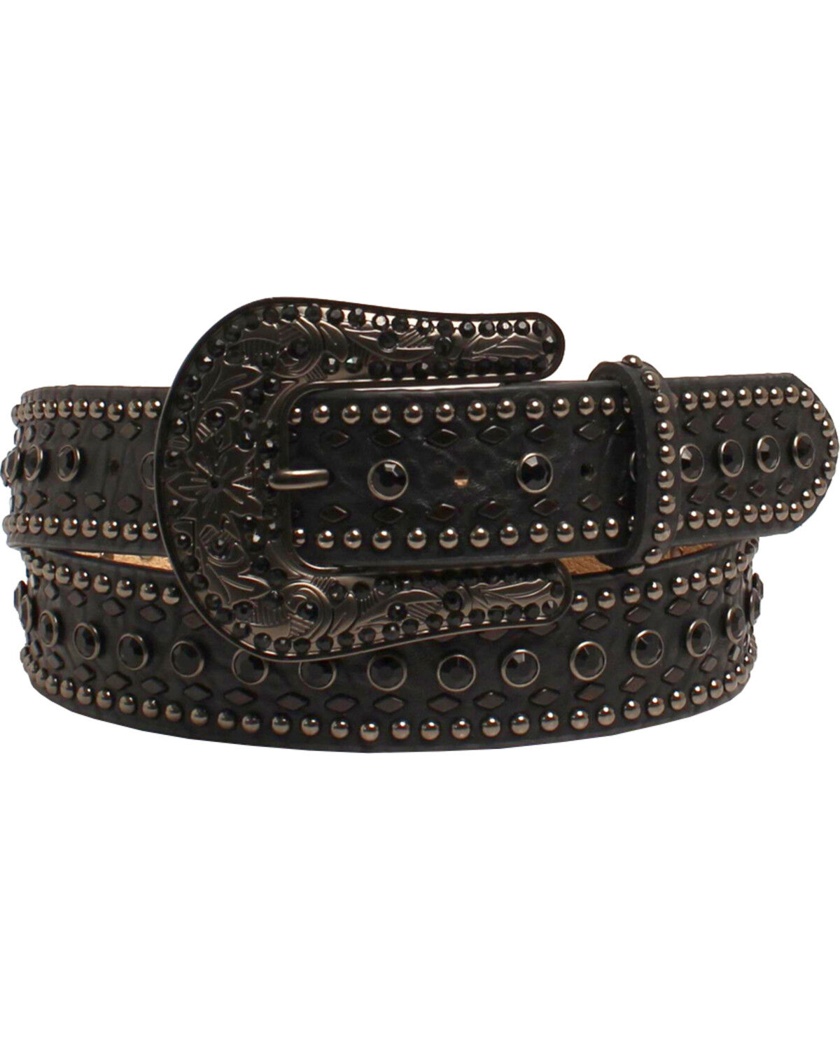 Nocona Women's Rhinestone Floral Black Tooled Leather Belt