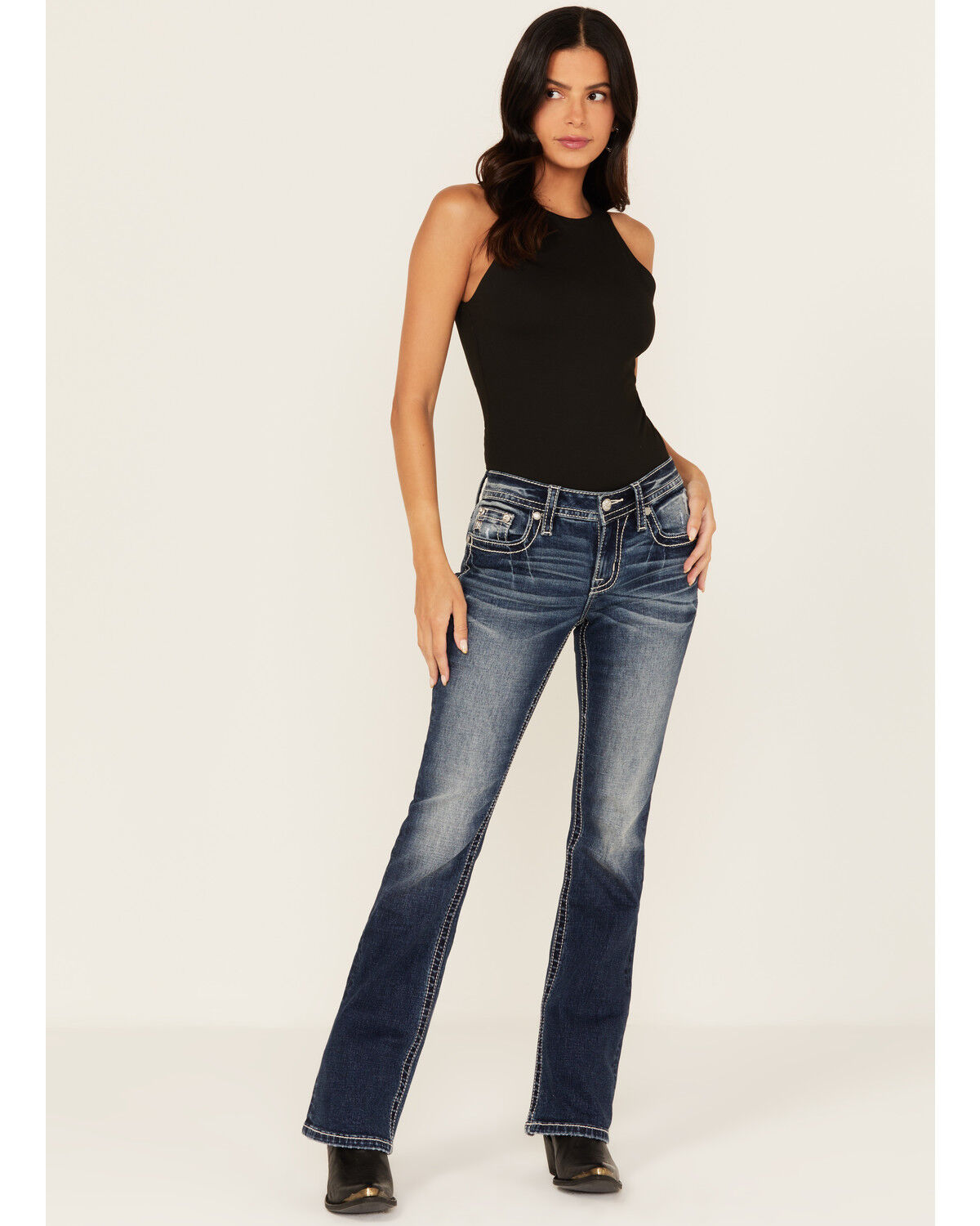 Miss Me Women's Dark Wash Mid Rise Geo Pocket Bootcut Stretch Denim Jeans