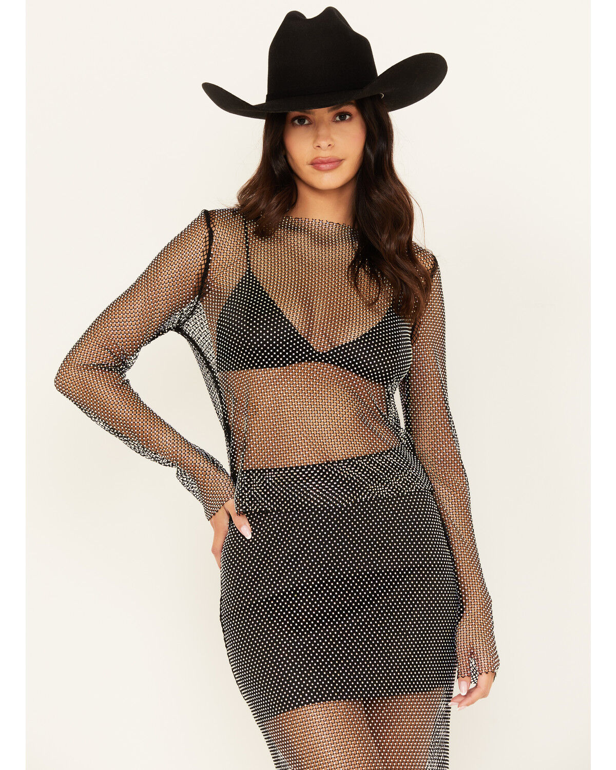 Rock & Roll Denim Women's Rhinestone Mesh Long Sleeve Top