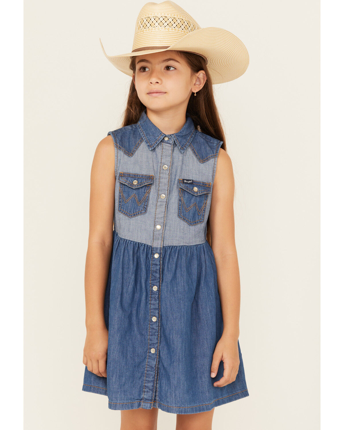 Wrangler Girls' Two-Tone Denim Sleeveless Snap Dress