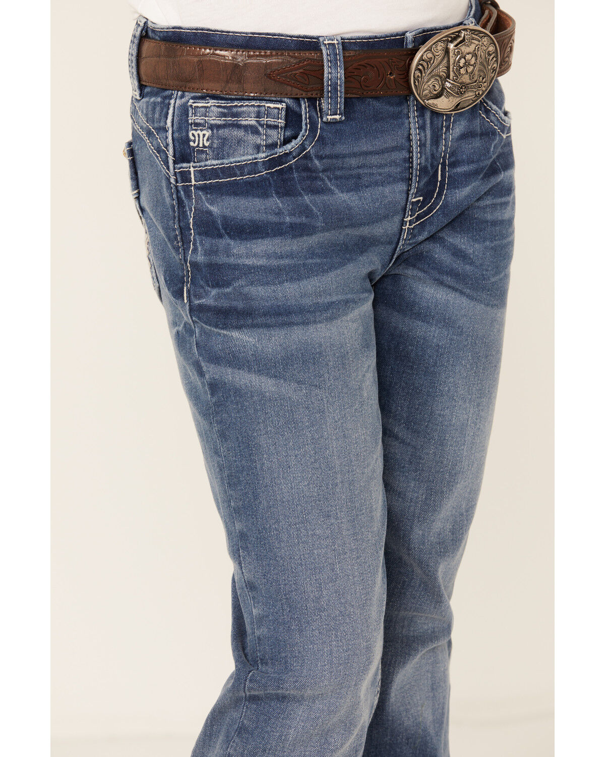 Miss Me Girls' Medium Wash Floral Border Bootcut Stretch Denim Jeans