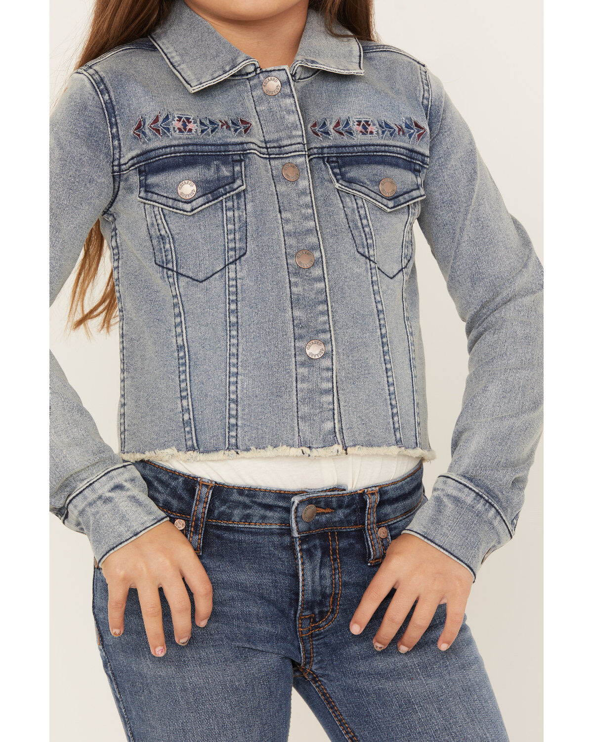 Shyanne Girls' Forks Light Wash Frayed Embroidered Denim Jacket