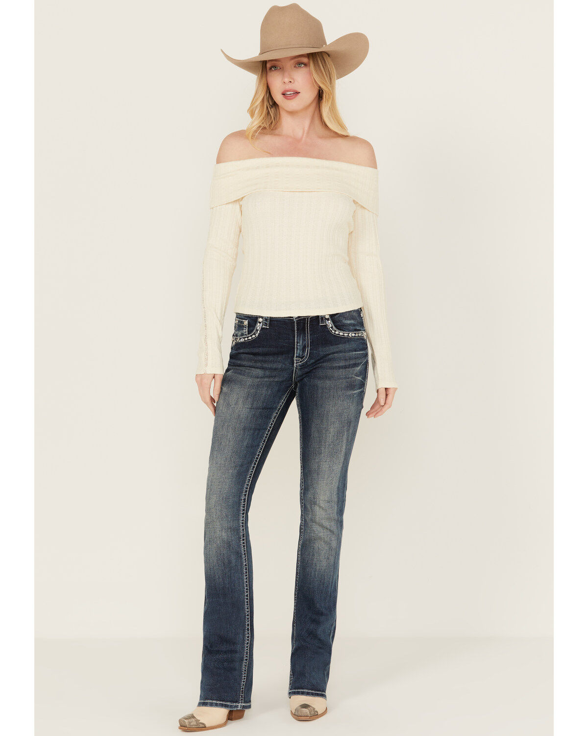 Grace in LA Women's Medium Wash Mid Rise Diamond Pocket Bootcut Stretch Denim Jeans