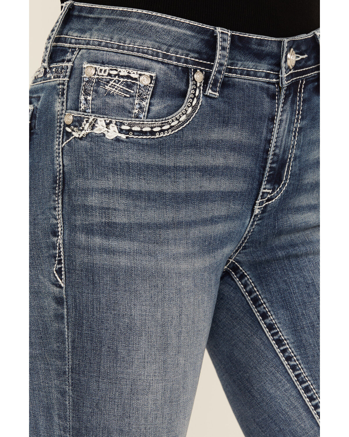 Grace In LA Women's Medium Wash Geo Print Embroidered Mid Rise Bootcut Stretch Denim Jeans
