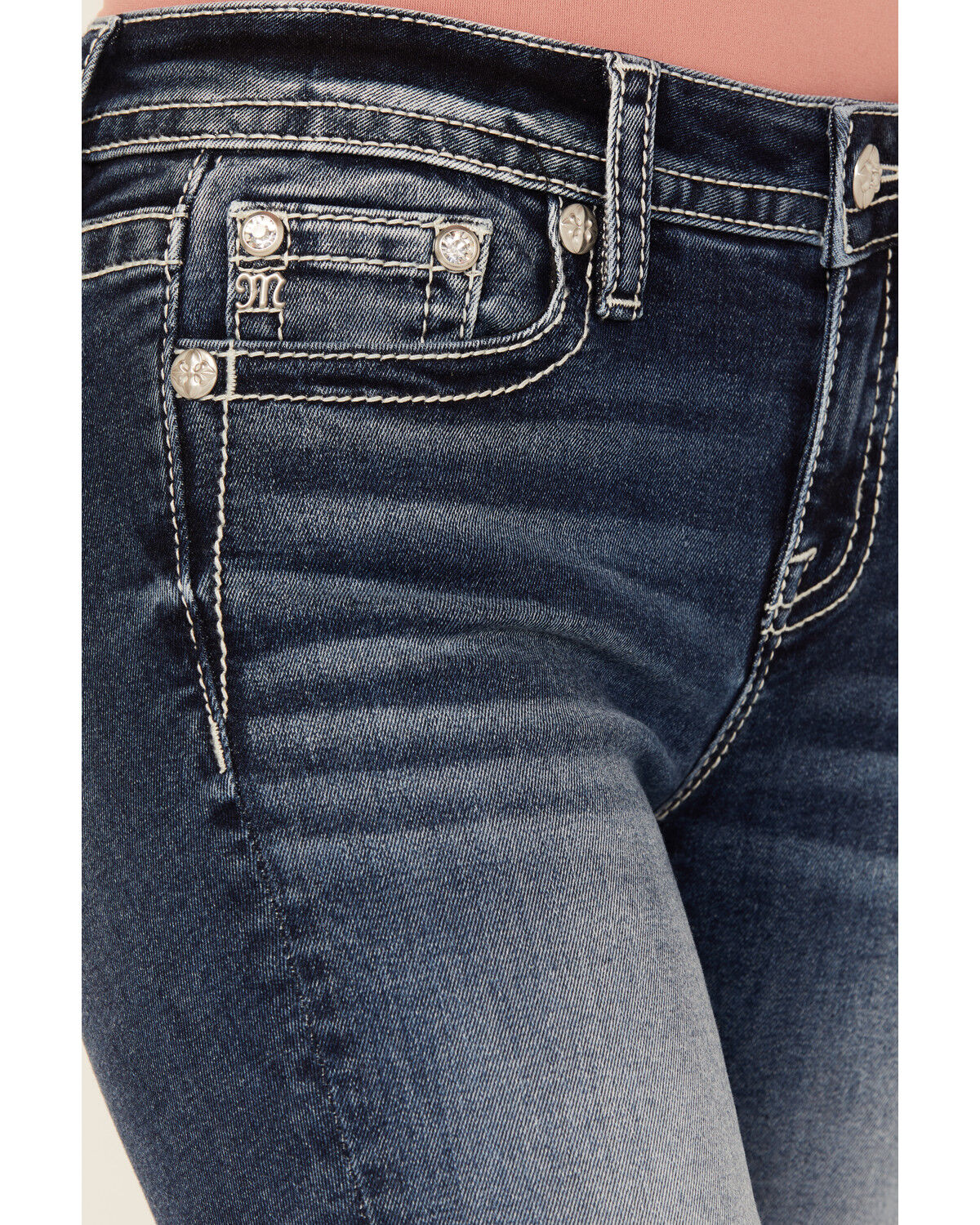 Miss Me Women's Dark Wash Mid Rise Cross Pocket Bootcut Stretch Denim Jeans