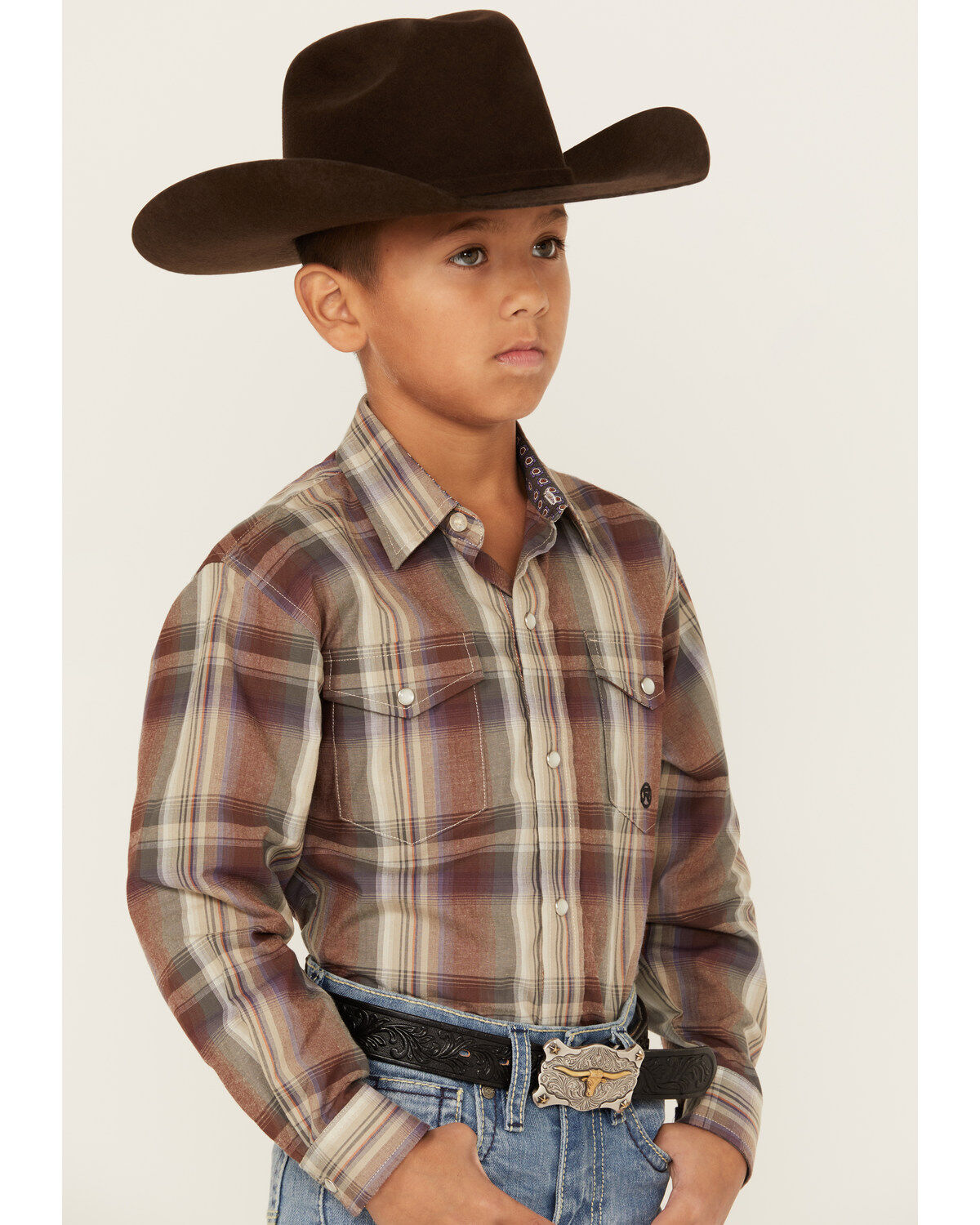 Roper Boys' Amarillo Plaid Print Long Sleeve Pearl Snap Western Shirt