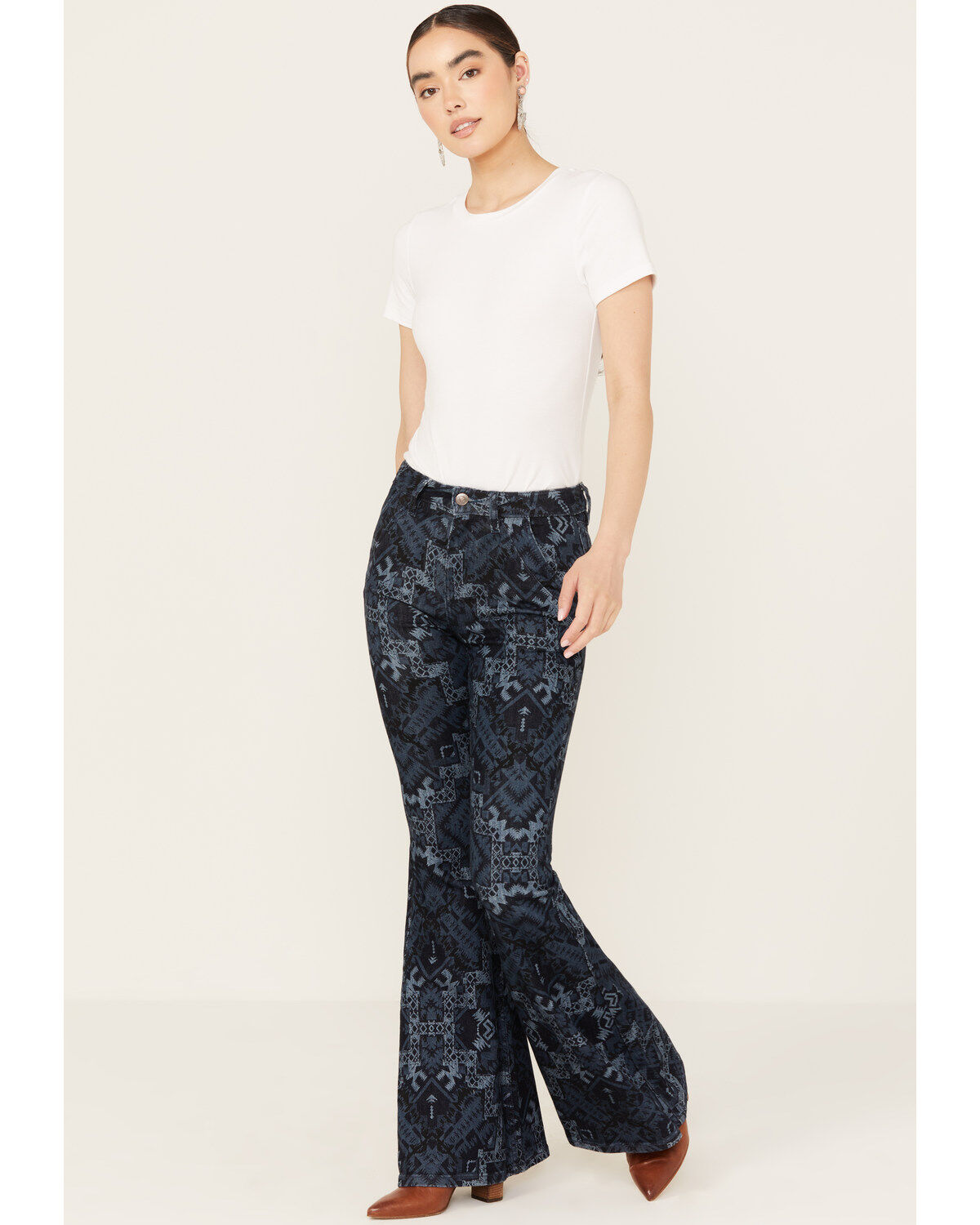 Shyanne Women's Dark Wash High Rise Printed Stretch Flare Jeans