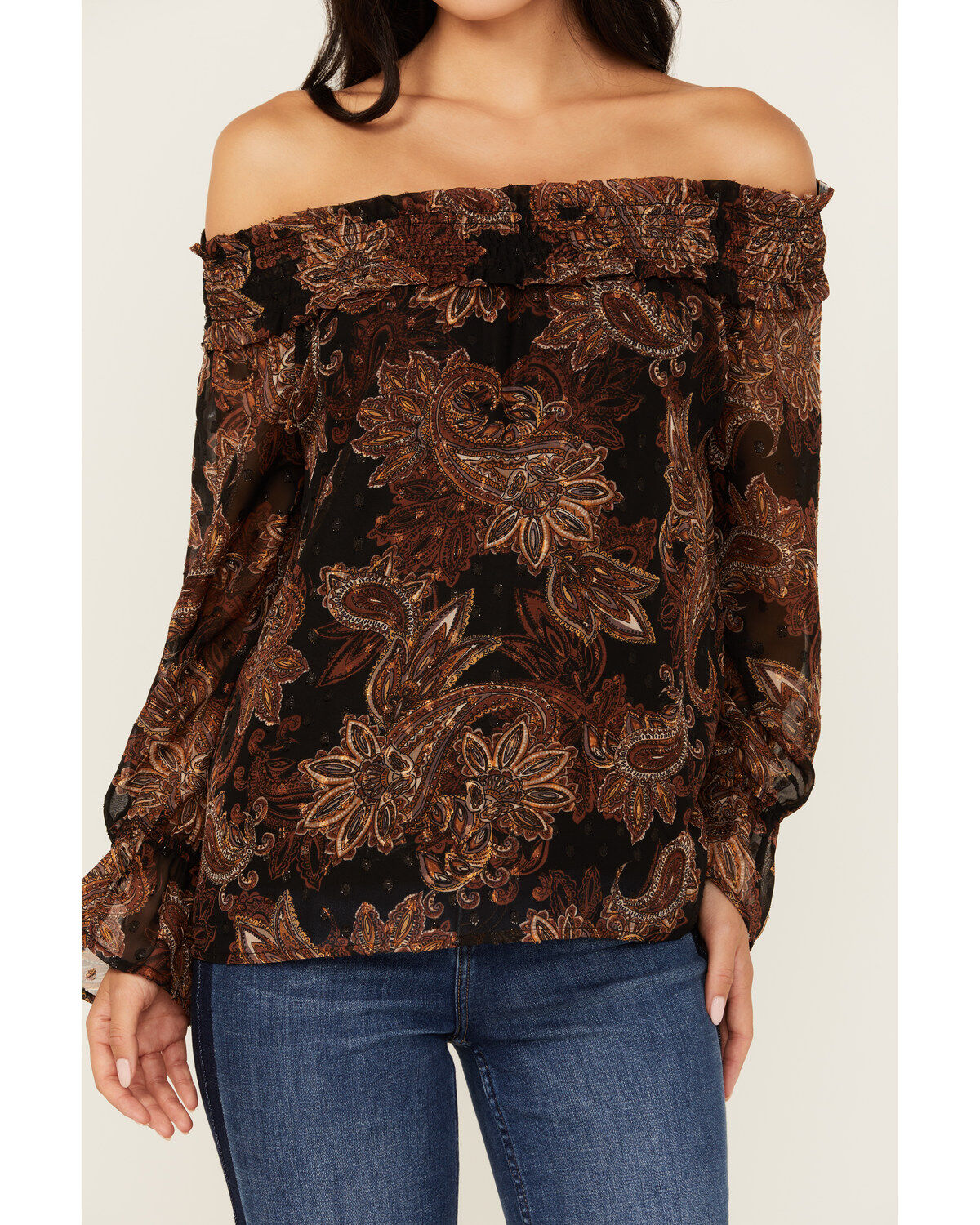 Wild Moss Women's Floral Pais Off The Shoulder Long Sleeve Top