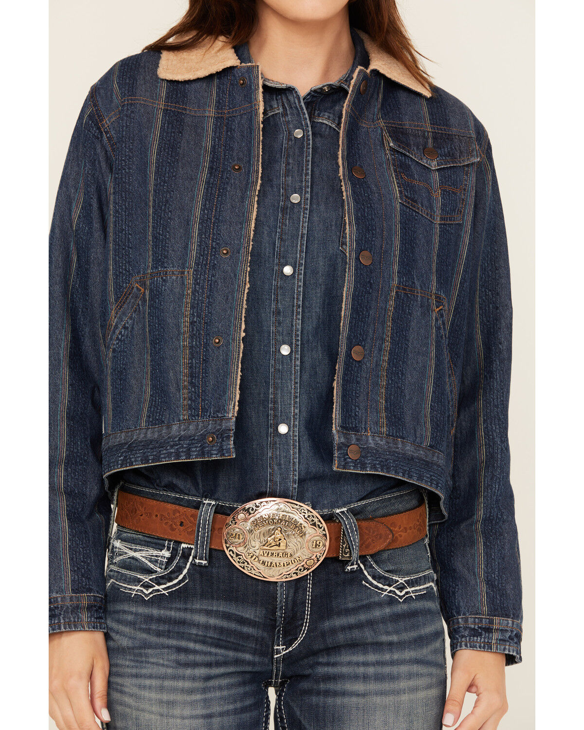 Kimes Ranch Women's Striped Print Sherpa Lined Denim Jacket
