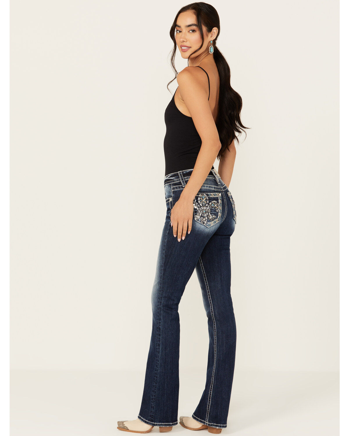 Miss Me Women's Dark Wash Fleur de Lis Bootcut Stretch Denim Jeans