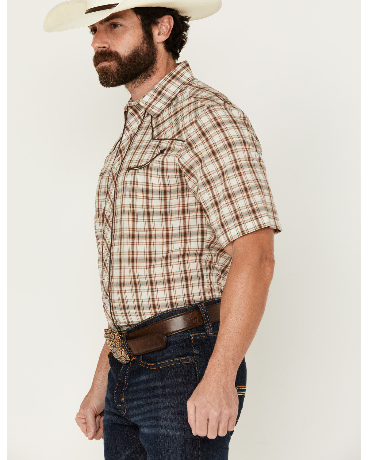 Roper Men's Medium Plaid Print Embroidered Yoke Short Sleeve Pearl Snap Western Shirt