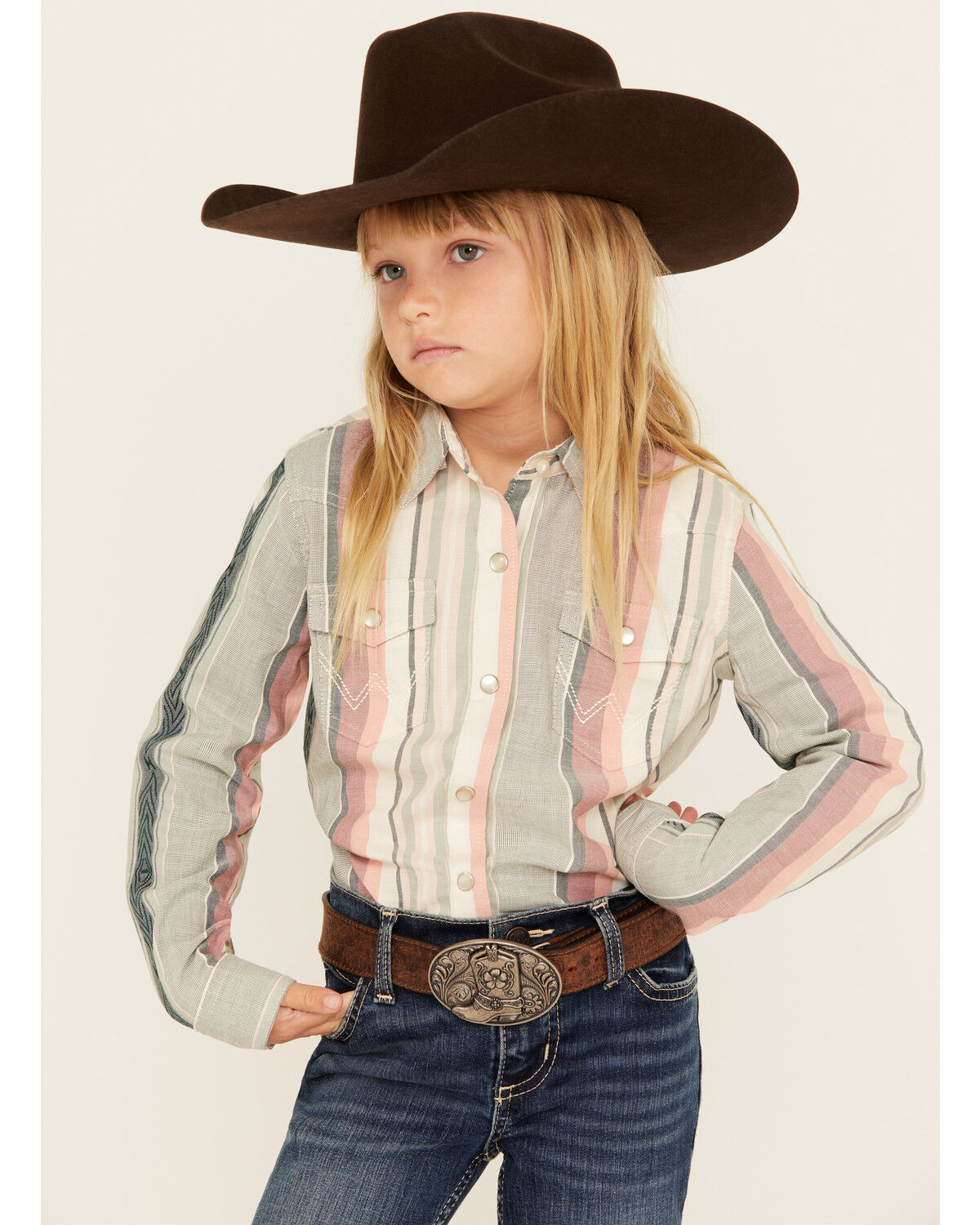 Wrangler Girl's Serape Striped Print Long Sleeve Pearl Snap Western Shirt