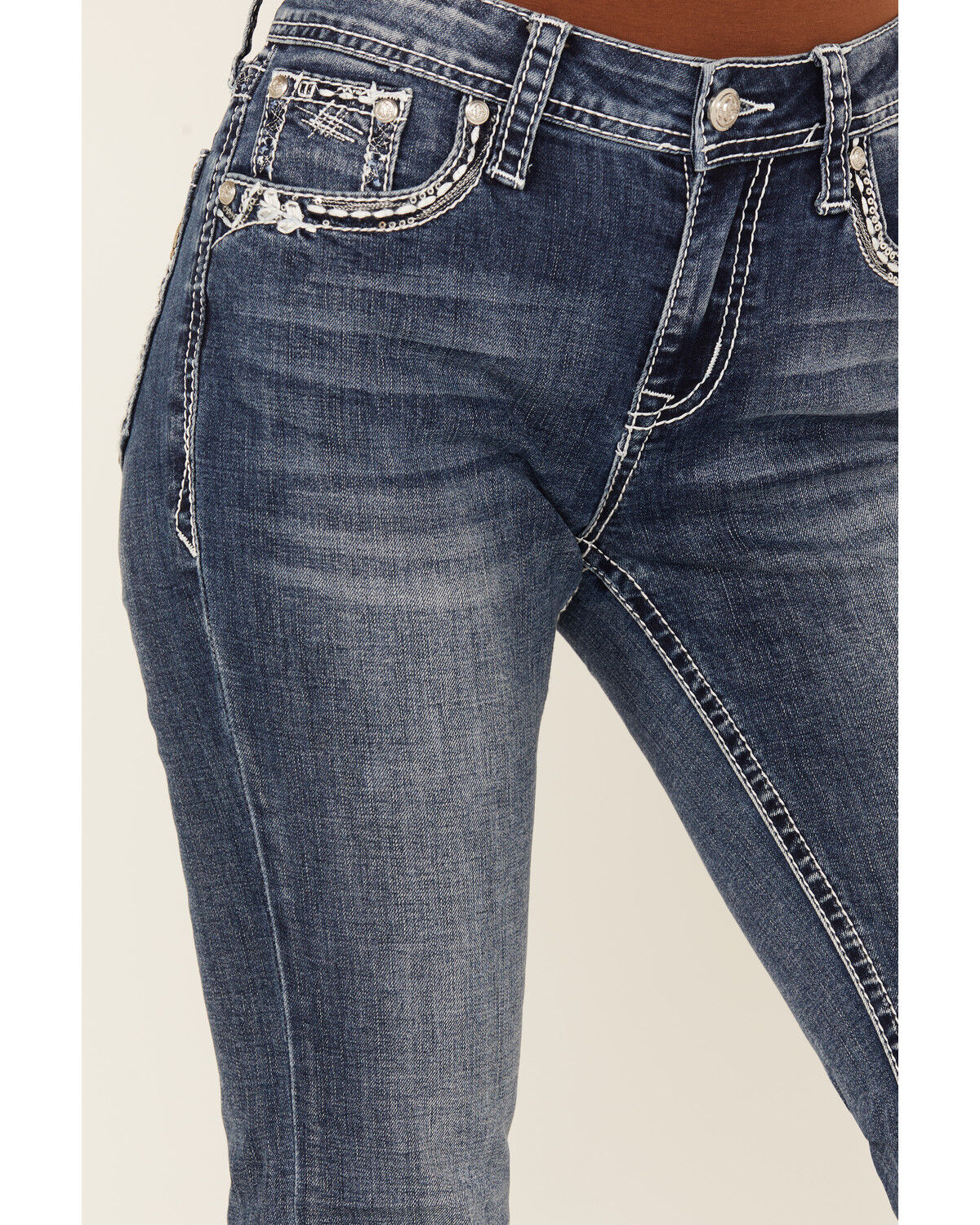 Grace In LA Women's Medium Wash Geo Print Embroidered Mid Rise Bootcut Stretch Denim Jeans