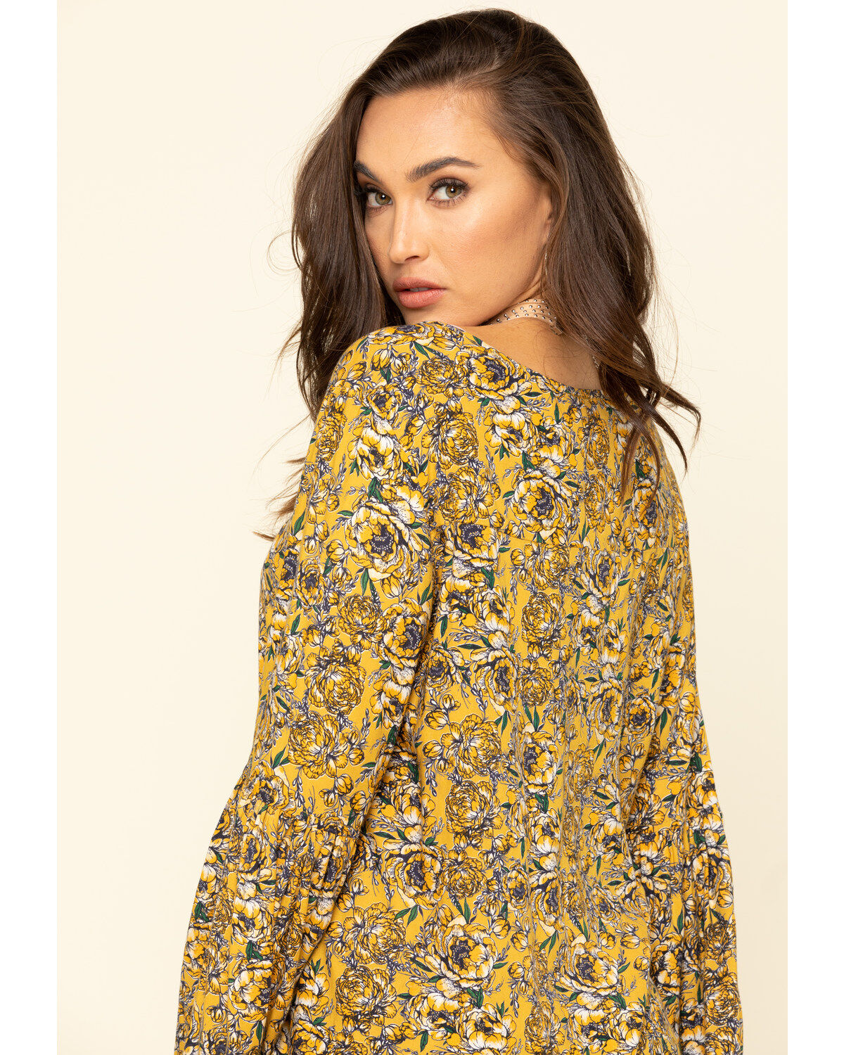 Rock & Roll Denim Women's Yellow Floral Bell Sleeve Top