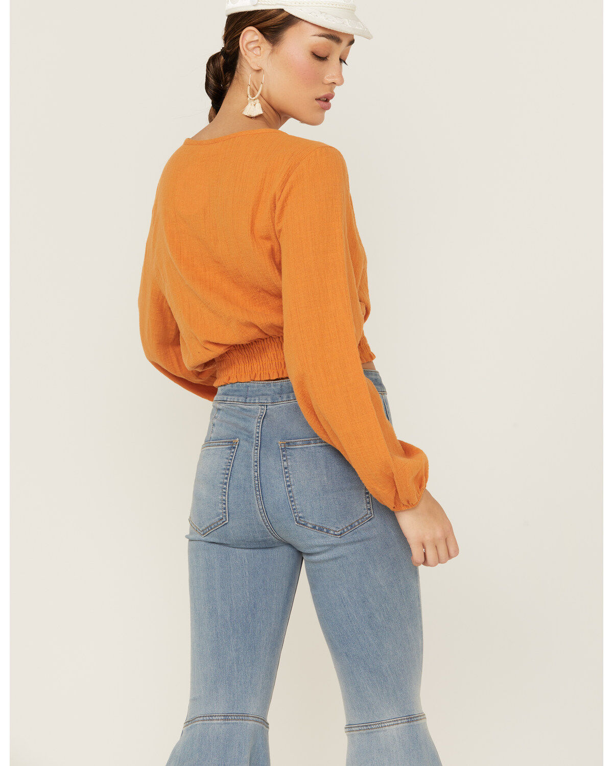 Saints & Hearts Women's Long Sleeve Surplice Smocked Waist Crop Top