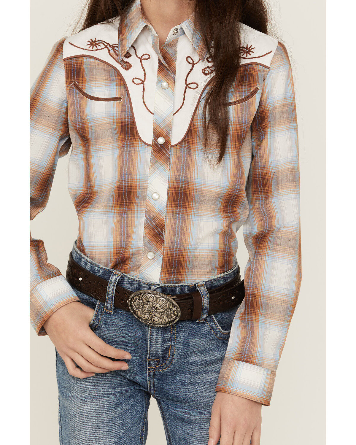 Roper Girls' Plaid Print Embroidered Long Sleeve Western Pearl Snap Shirt