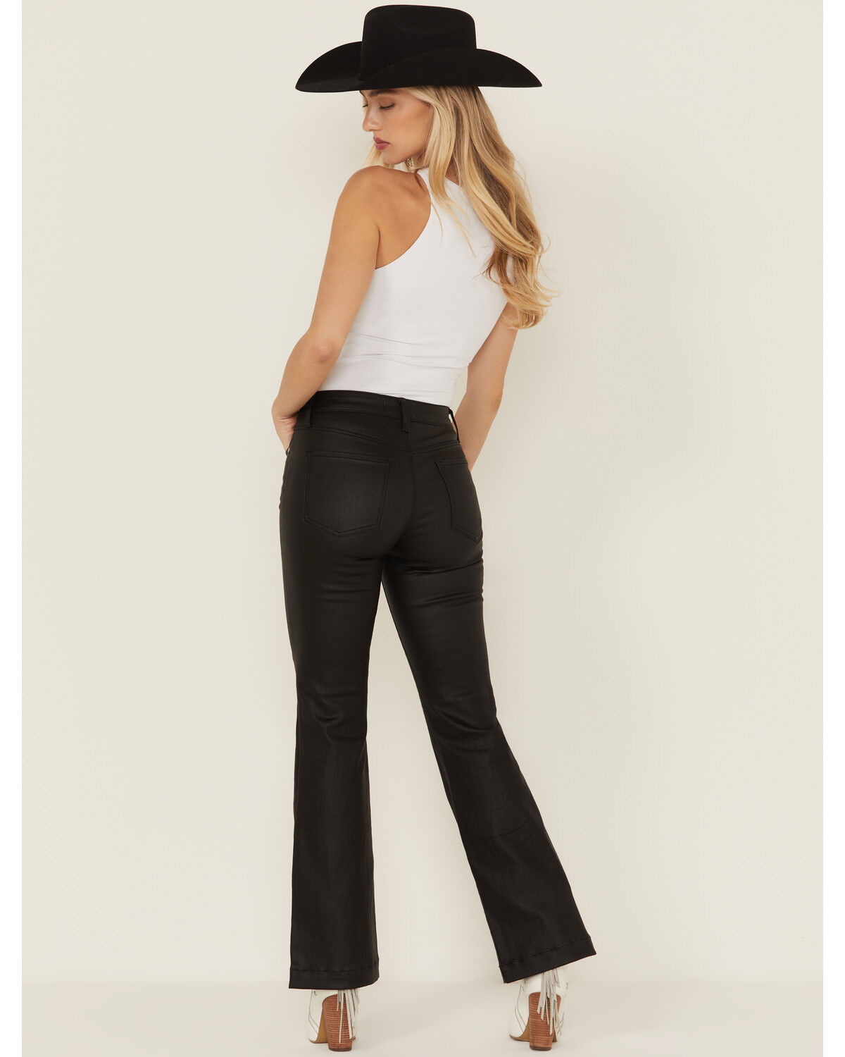 Daze Women's Mid Rise Coated Flare Stretch Pants